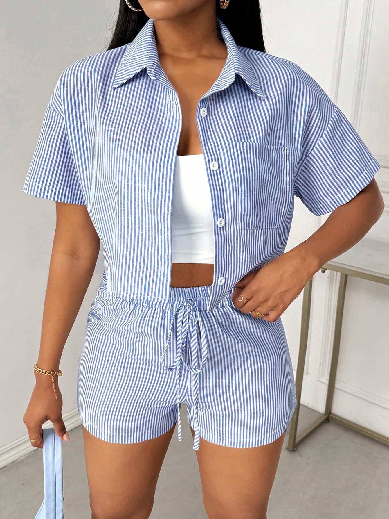 Breezaya Women's Summer Striped Short Sleeve Casual Shirt And Shorts Set With Pockets
