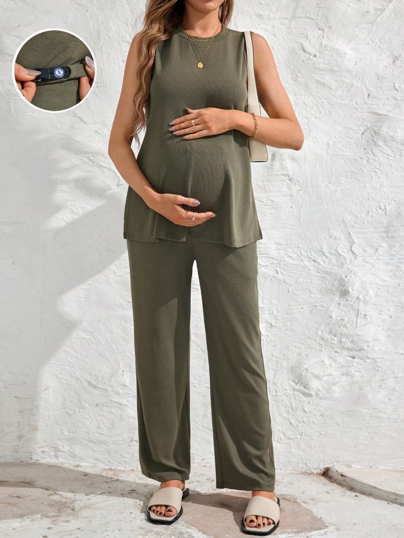 SHEIN Maternity Elegant Commuter Round Neck Sleeveless Side Slit Camisole & Adjustable Waist Straight Leg Pant2 Piecesce Set