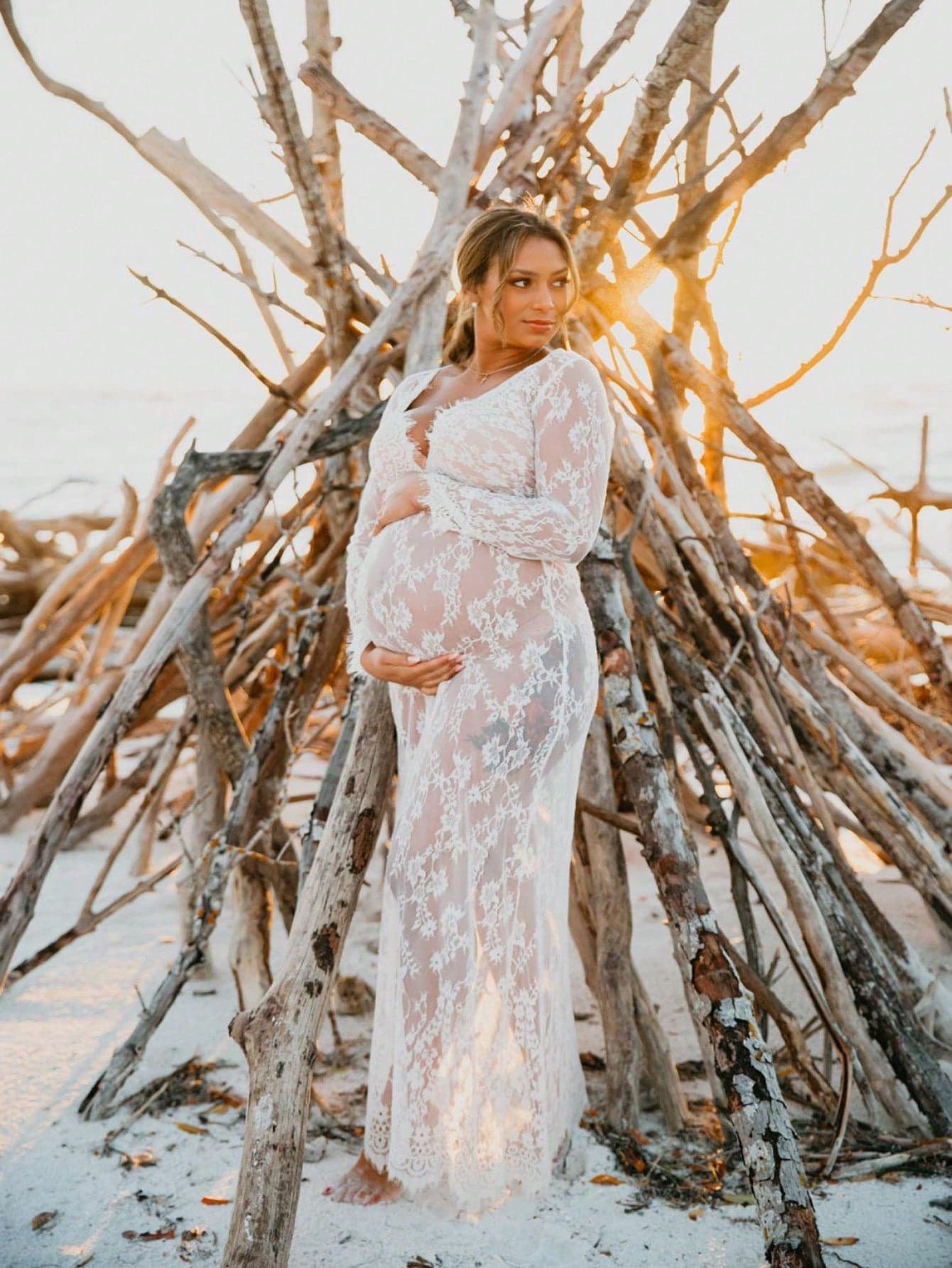 Maternity V-Neck Lace Dress, Suitable For Photography, Baby Shower, Special Occasions, Beach Wear, Long Sleeve Design, Ideal For Photoshoot White
