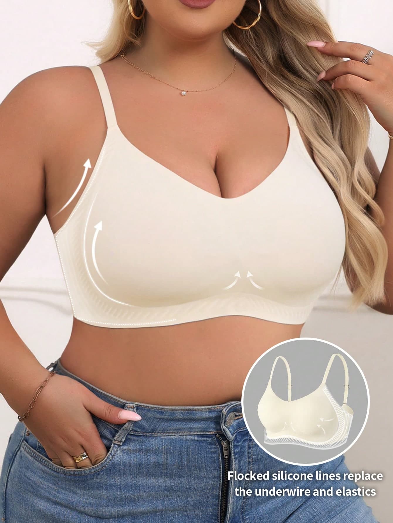 NudeFit Plus Size Women's Seamless Jelly Strip Support Adjustable Bra, Wireless, 1pc, Lift