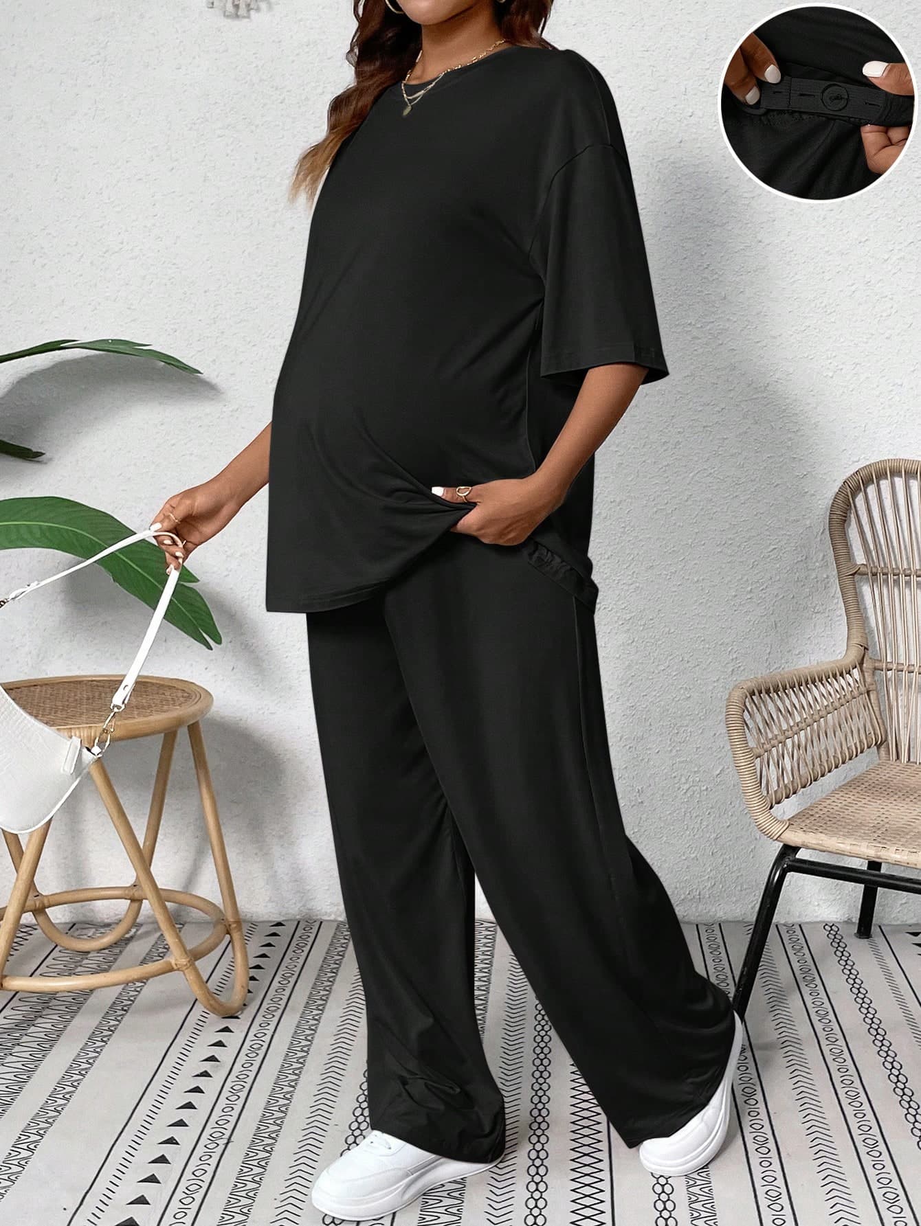SHEIN Pregnant Women's Solid Color Round Neck Top And Long Pants Summer Casual 2pcs Set For Maternity World Cup