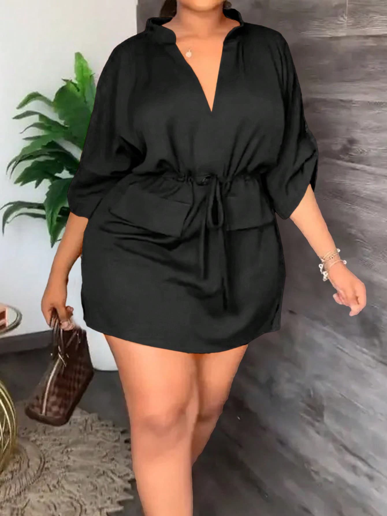 Slaydiva Plus Size Party & Elegant Commuting Clean Design Stand Collar V Waist Drawstring Women's Mini Dress, Summer-E