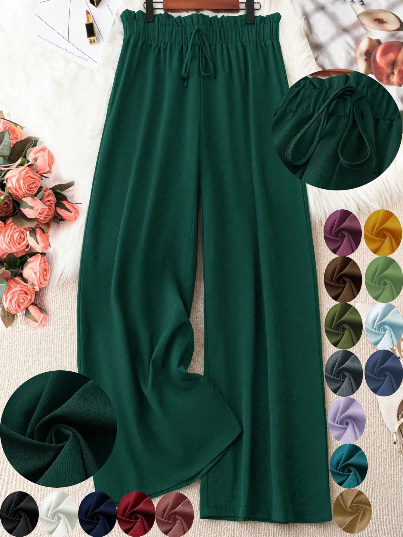 DreamSkyne Plus Paperbag Waist Knot Front Wide Leg Pants Fall