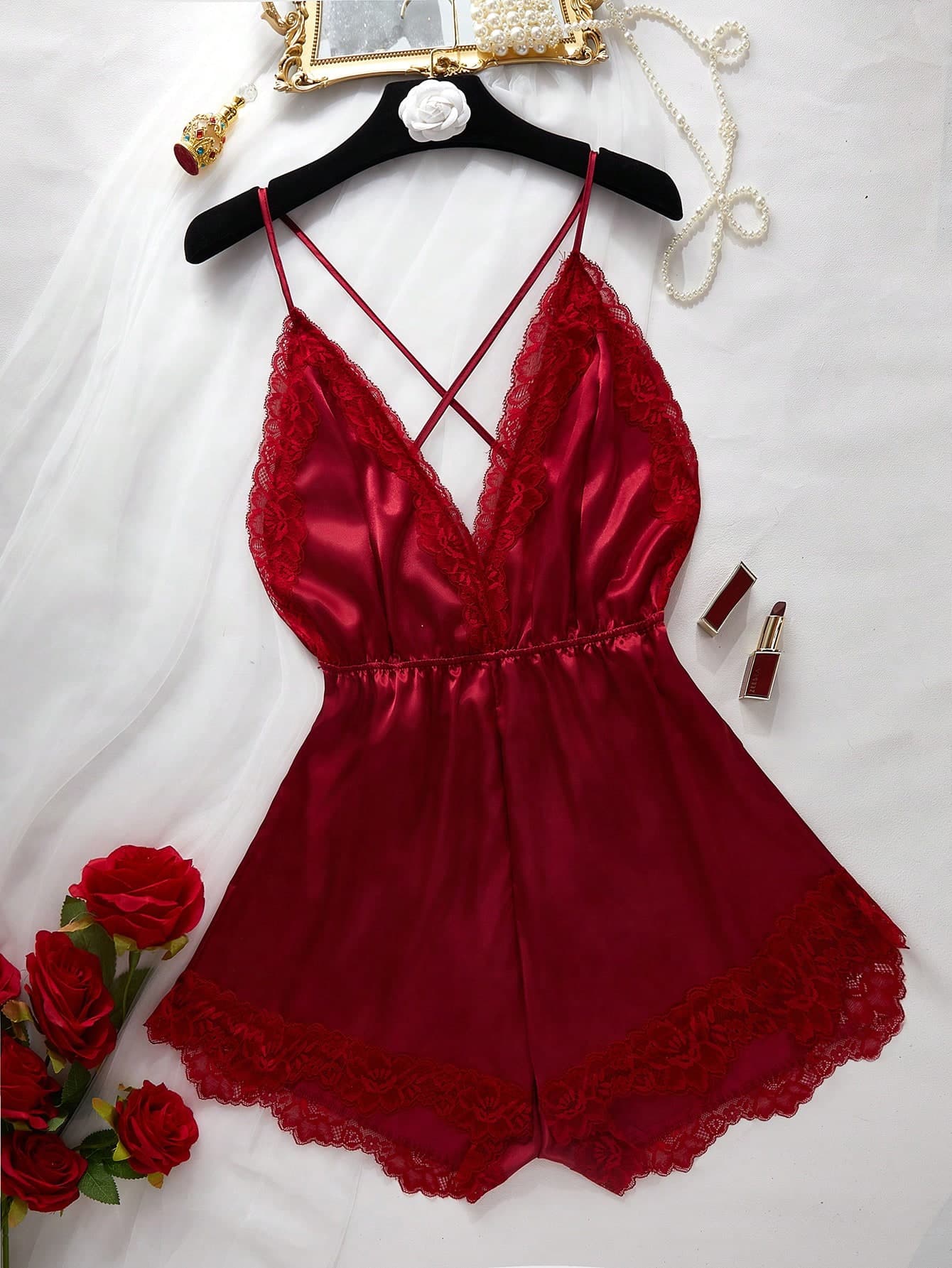 SHEIN Plus Size Contrast Lace Crossed Strap Backless Pajamas Romper