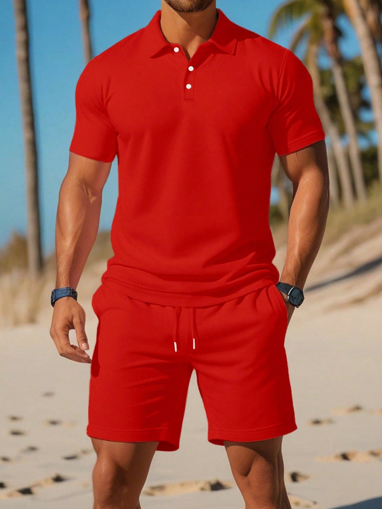 Manfinity Dauomo Men Solid Polo Shirt Drawstring Waist Shorts Beach Red Summer Casual