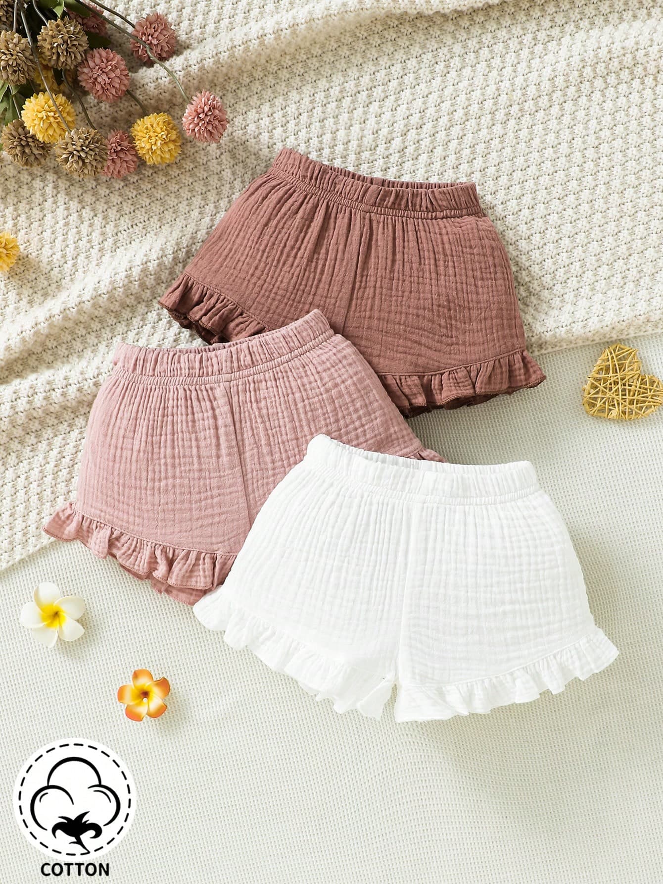 Souflis Souflis 3 Pieces Infant Baby Girls Outfit Set,Soft Woven Fabric Ruffle Trim Shorts,White And Brown,Summer,Casual,Cute,Work Outdoor Activities Everyday Wear