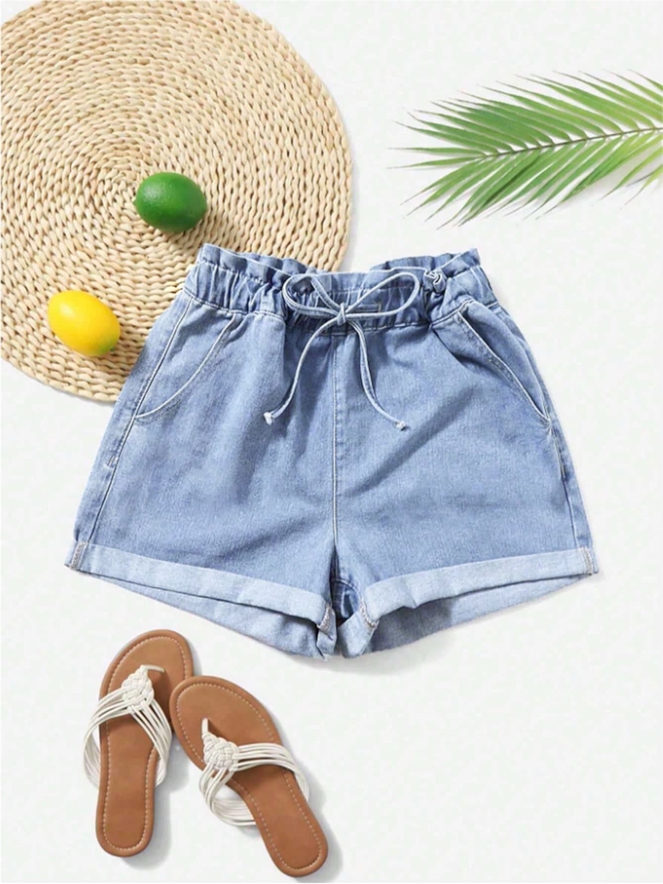 Women's High Waisted Loose Fit Denim Shorts With Belt And Rolled Hem Pockets