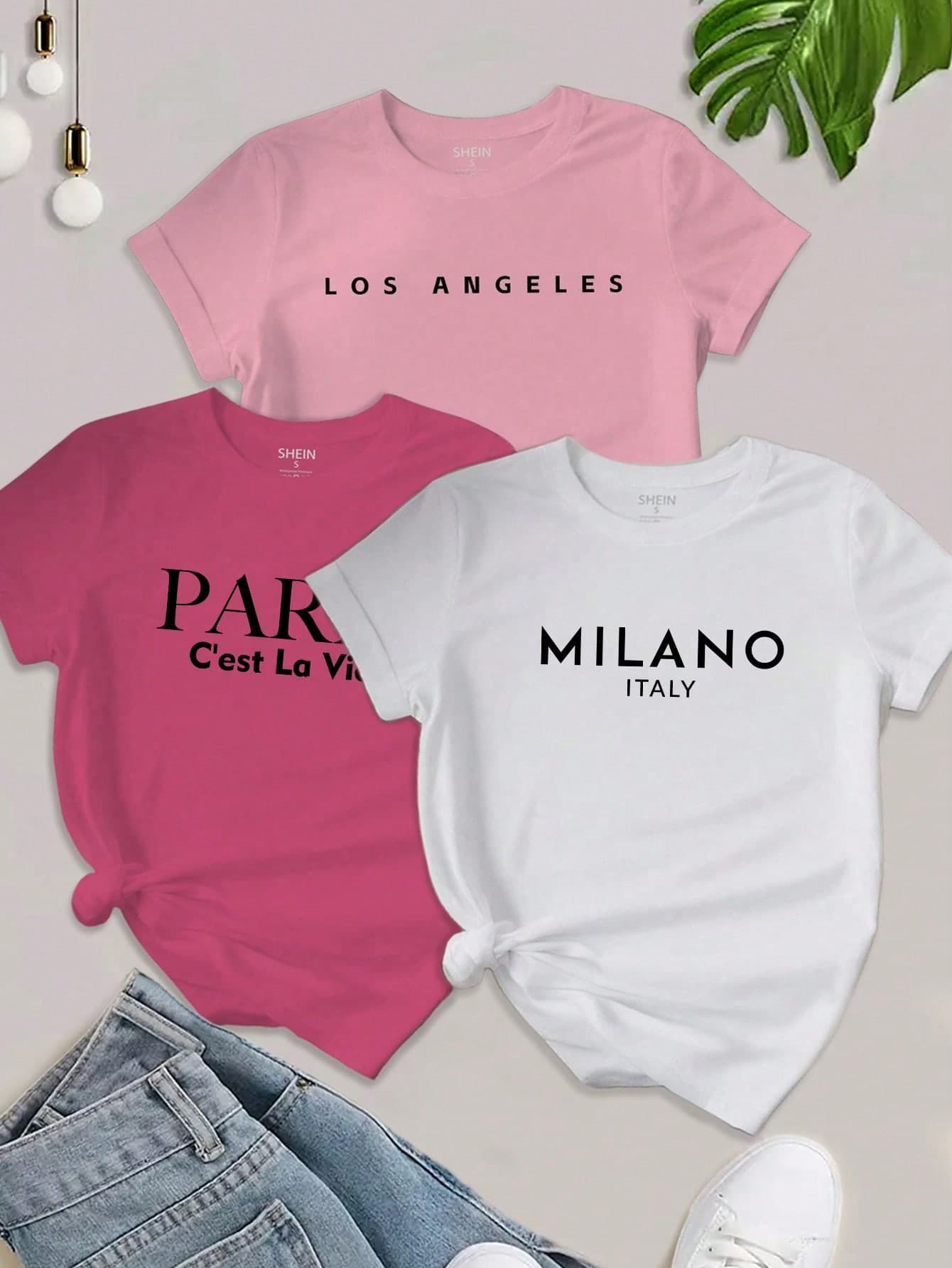 SHEIN LUNE 3PCS Women's Los Angeles Paris Letter Printed T-Shirt Short Sleeved Casual Tee LOS ANGELES Graphic Tees Women Tops