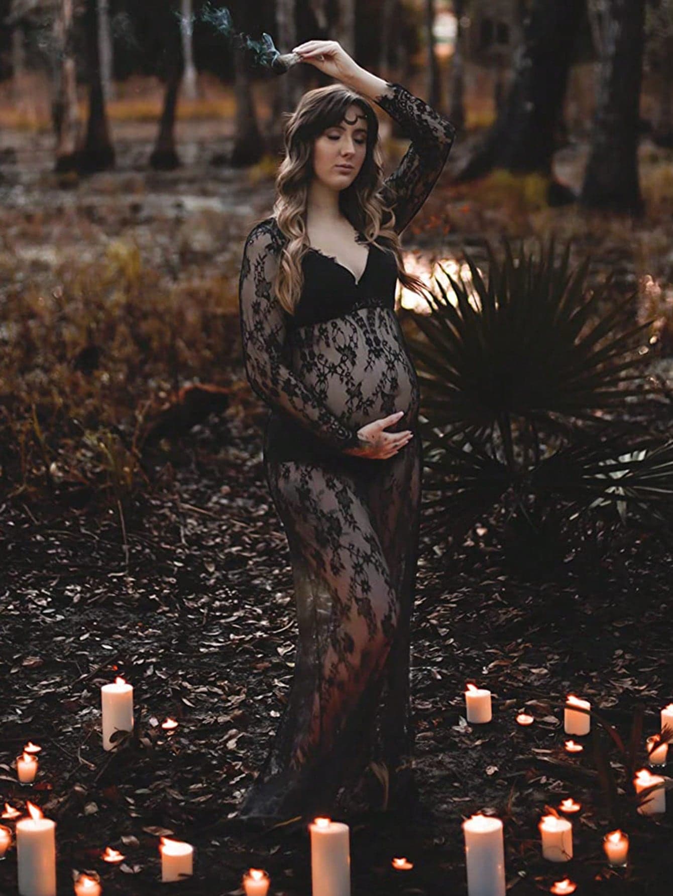 Maternity V-Neck Lace Dress, Suitable For Photography, Baby Shower, Special Occasions, Beach Wear, Long Sleeve Design, Ideal For Photoshoot Black
