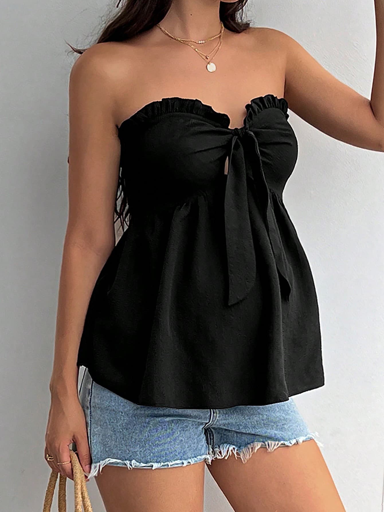 SHEIN Maternity Frill Trim Knot Front Peplum Tube Top