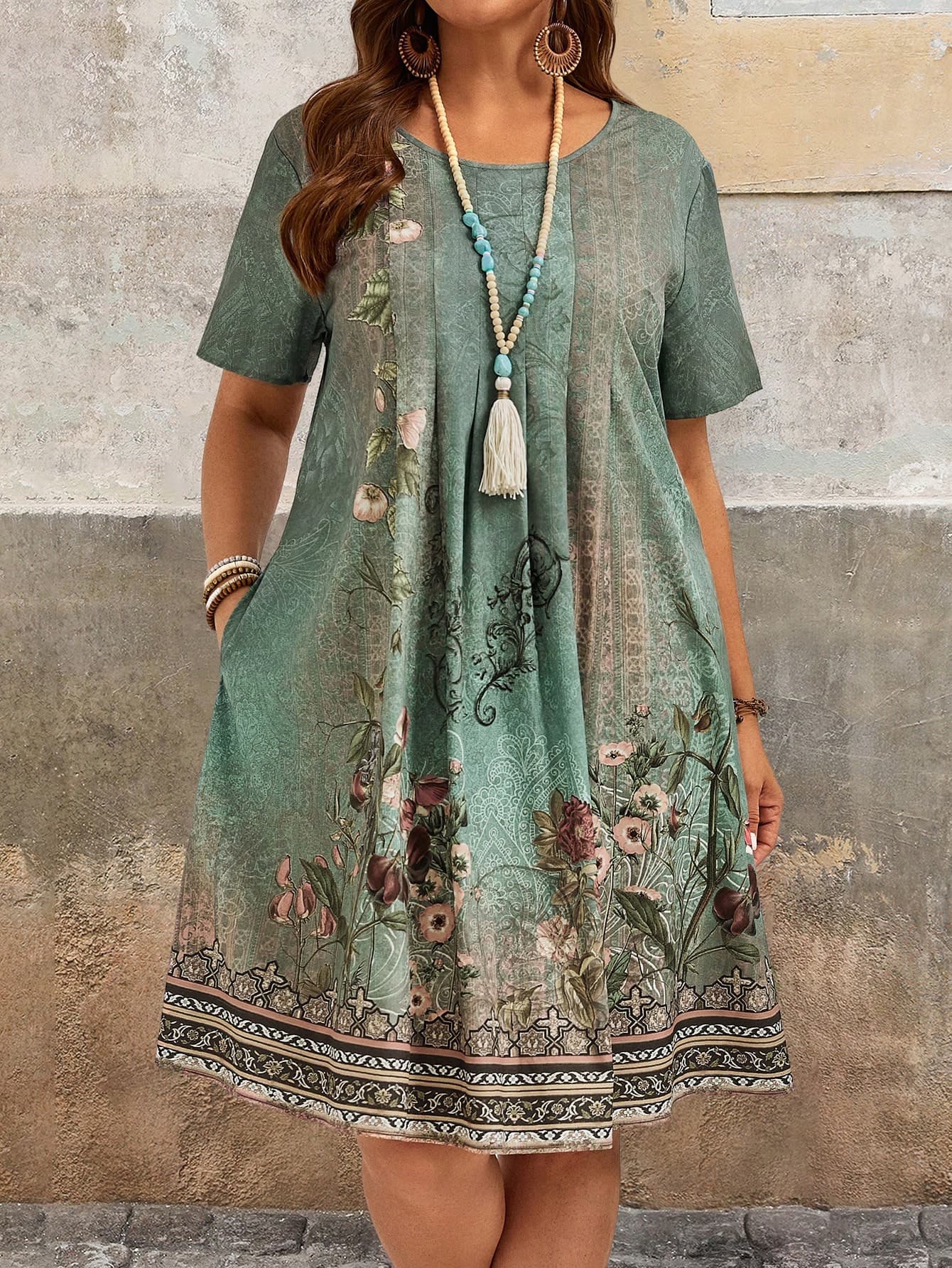 EMERY ROSE Plus Size Women's Green Floral Print Summer Country Dress,Beach Dress Sundress,Holiday Outfits Boho,Flower/Vacation/Spring