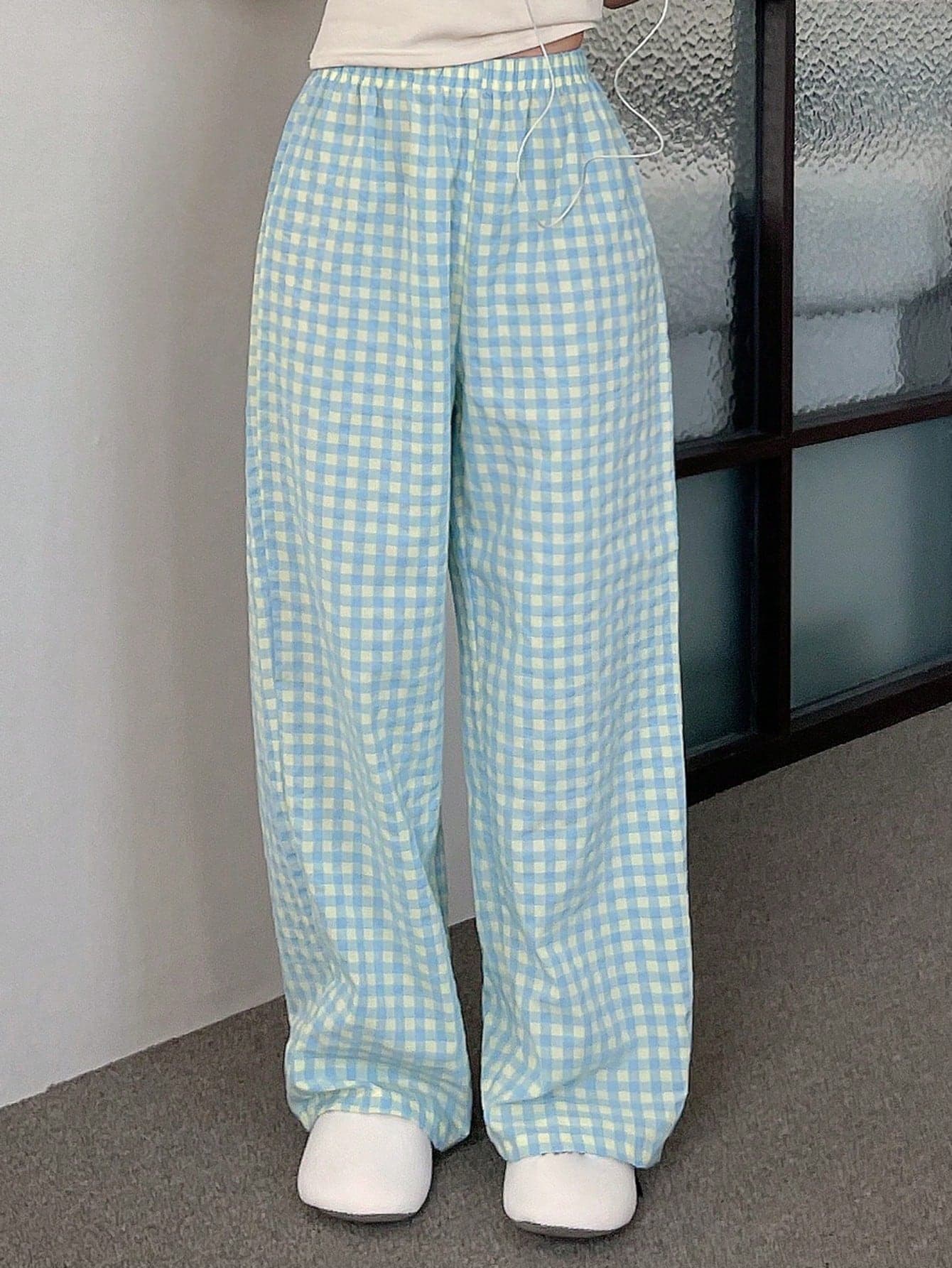DAZY Simple Plaid Loose Straight-Legged Pajama Pants, For Fall, Winter