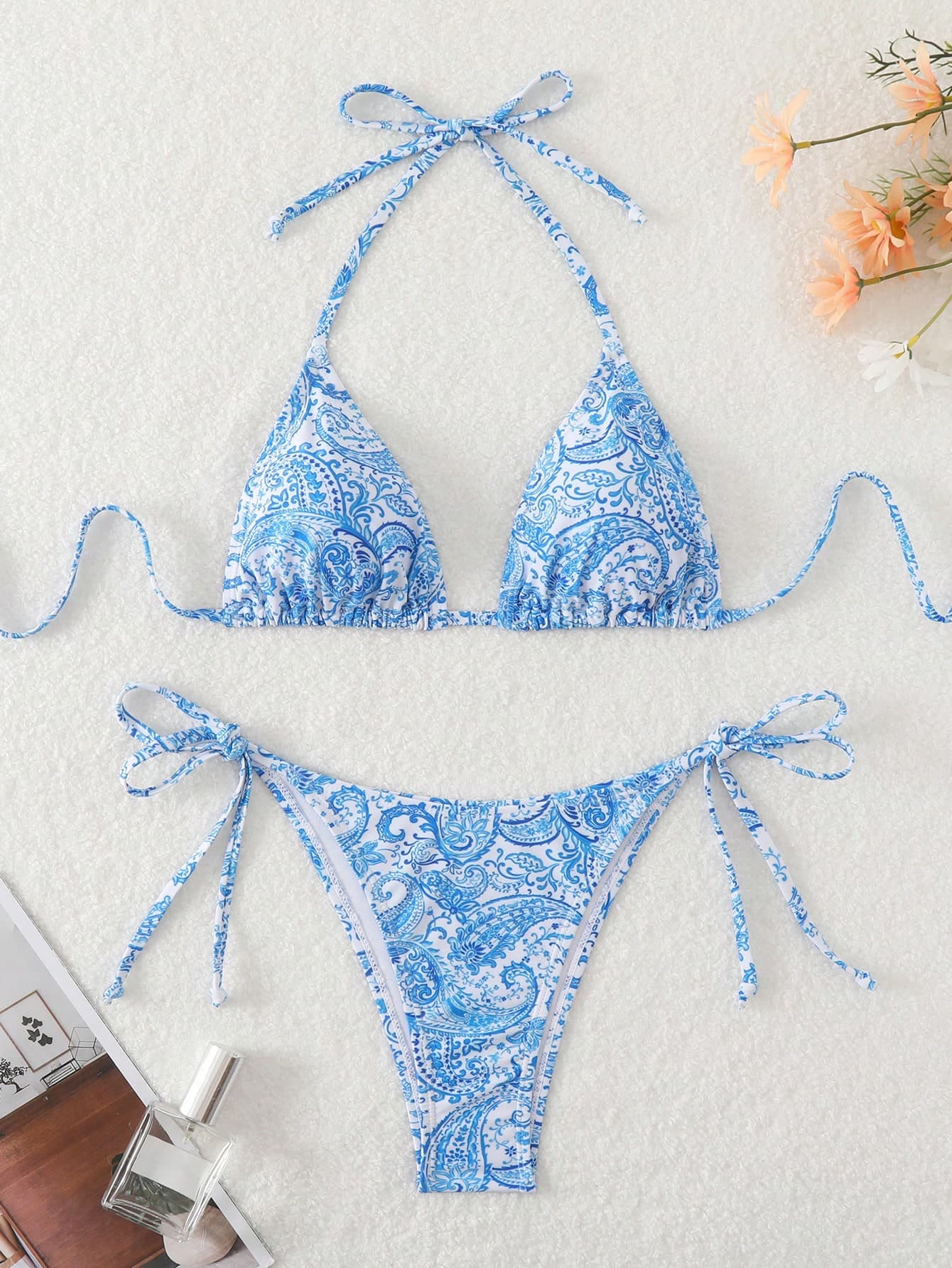 Swim Vcay Women's Summer Beach Botanical Print Halter Neck Tie Sexy Bikini Set, Random Print Pattern