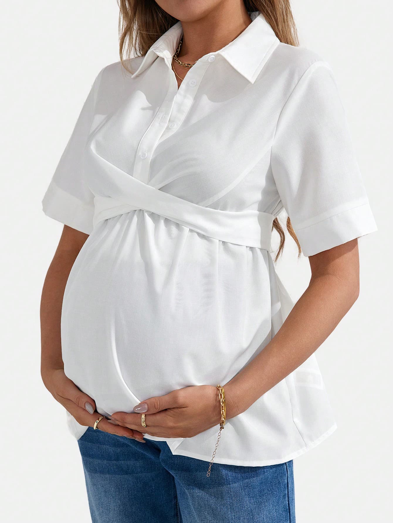 SHEIN Casual Solid Woven Short Sleeve Loose Maternity Shirt With Open Front