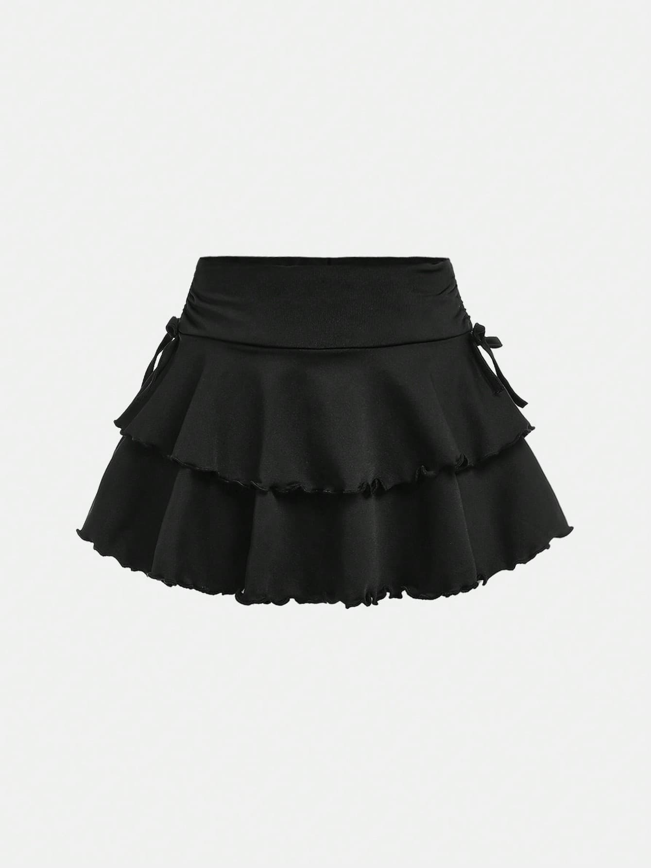 SHEIN Girlism Tween Girls Black Solid Color Drawstring Waist Pleated Hem Knee-Length Skirt, Casual Street Style