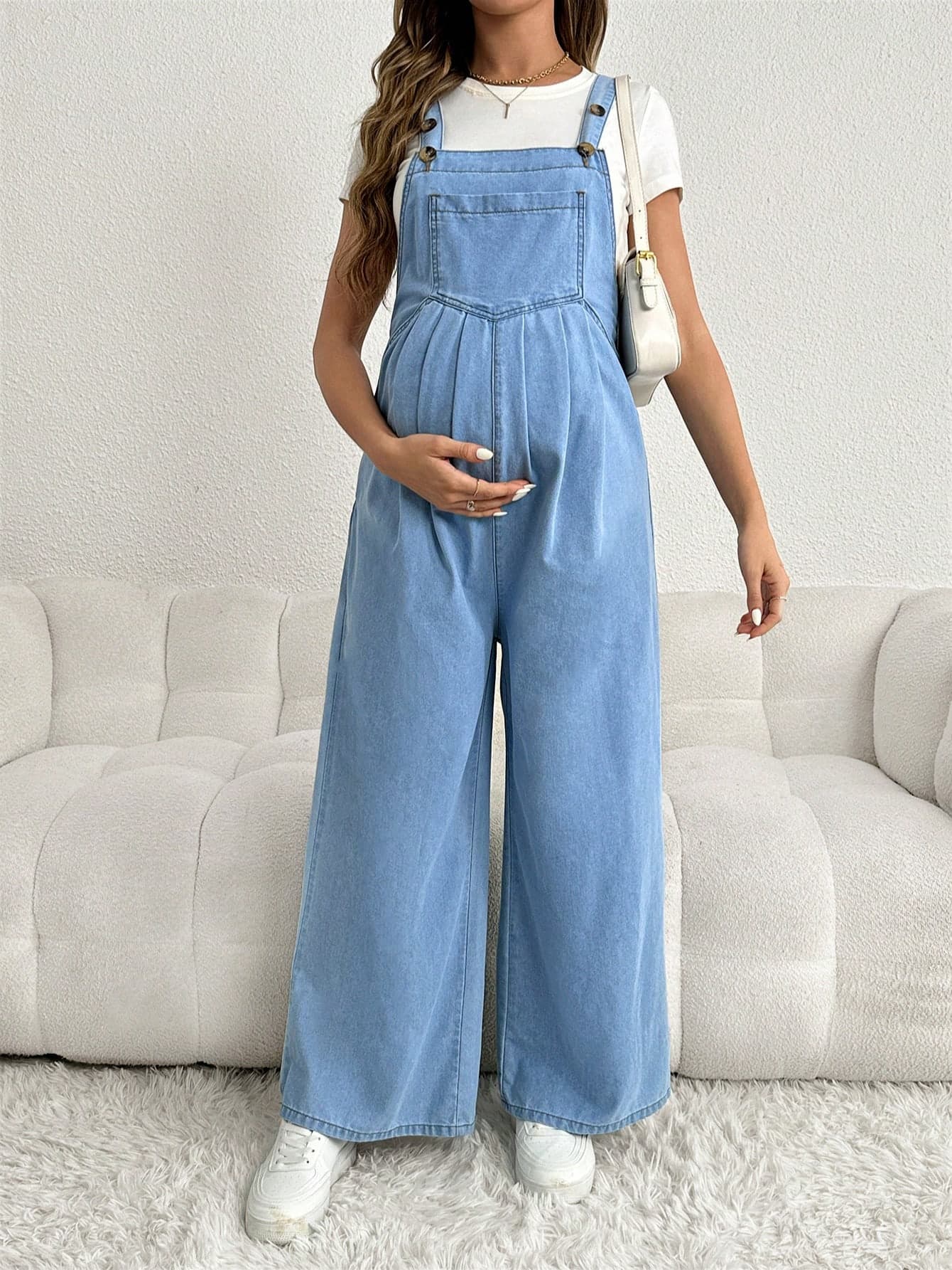 SHEIN Maternity Loose-Fit Long Denim Overalls With Adjustable Shoulder Straps, Blue