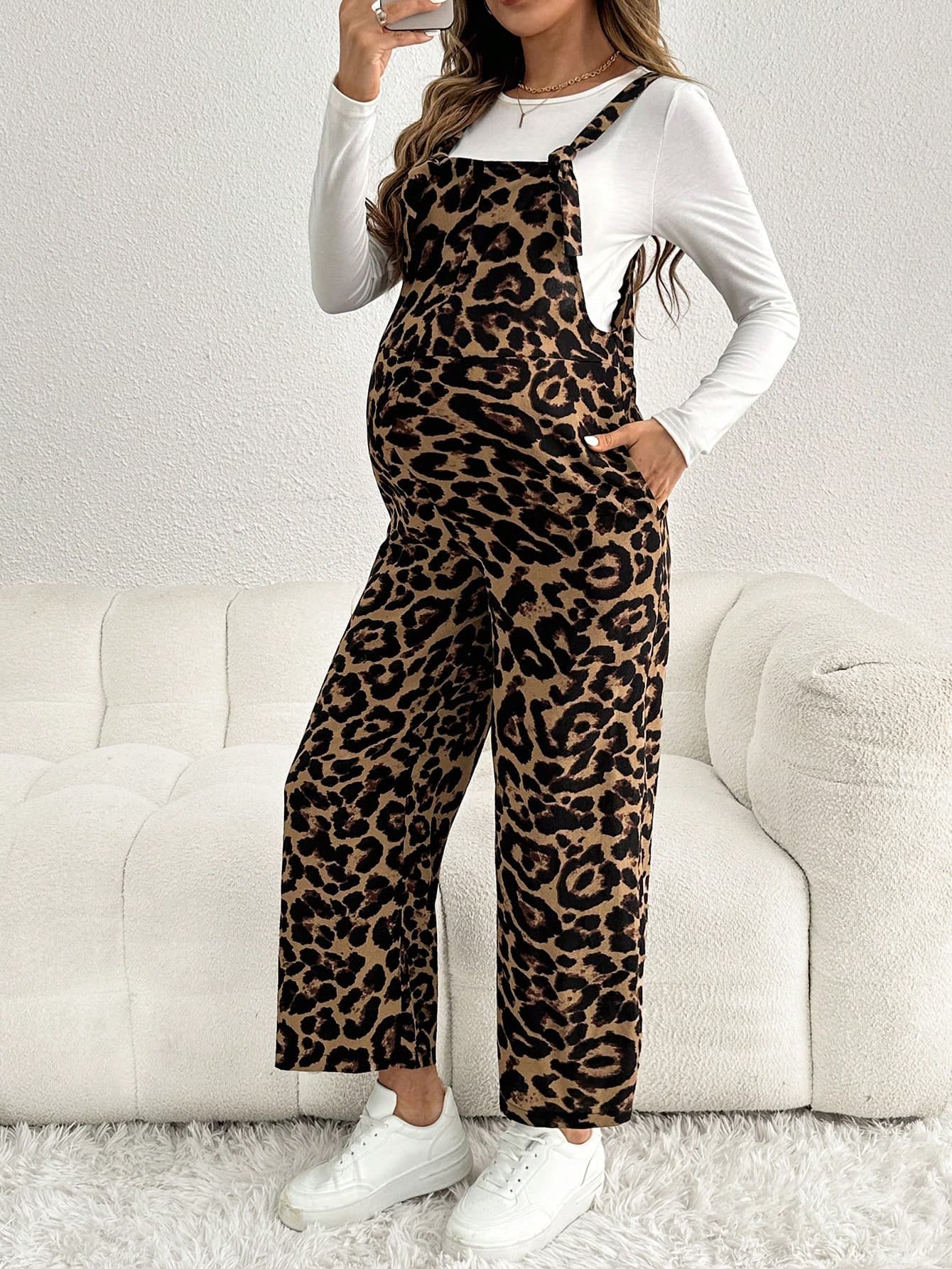 SHEIN Maternity Casual Loose Leopard Print Shoulder Strap Jumpsuit Fall