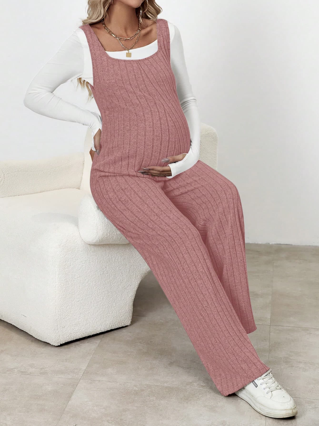 SHEIN Maternity Loose Strappy Solid Color Jumpsuit Fall
