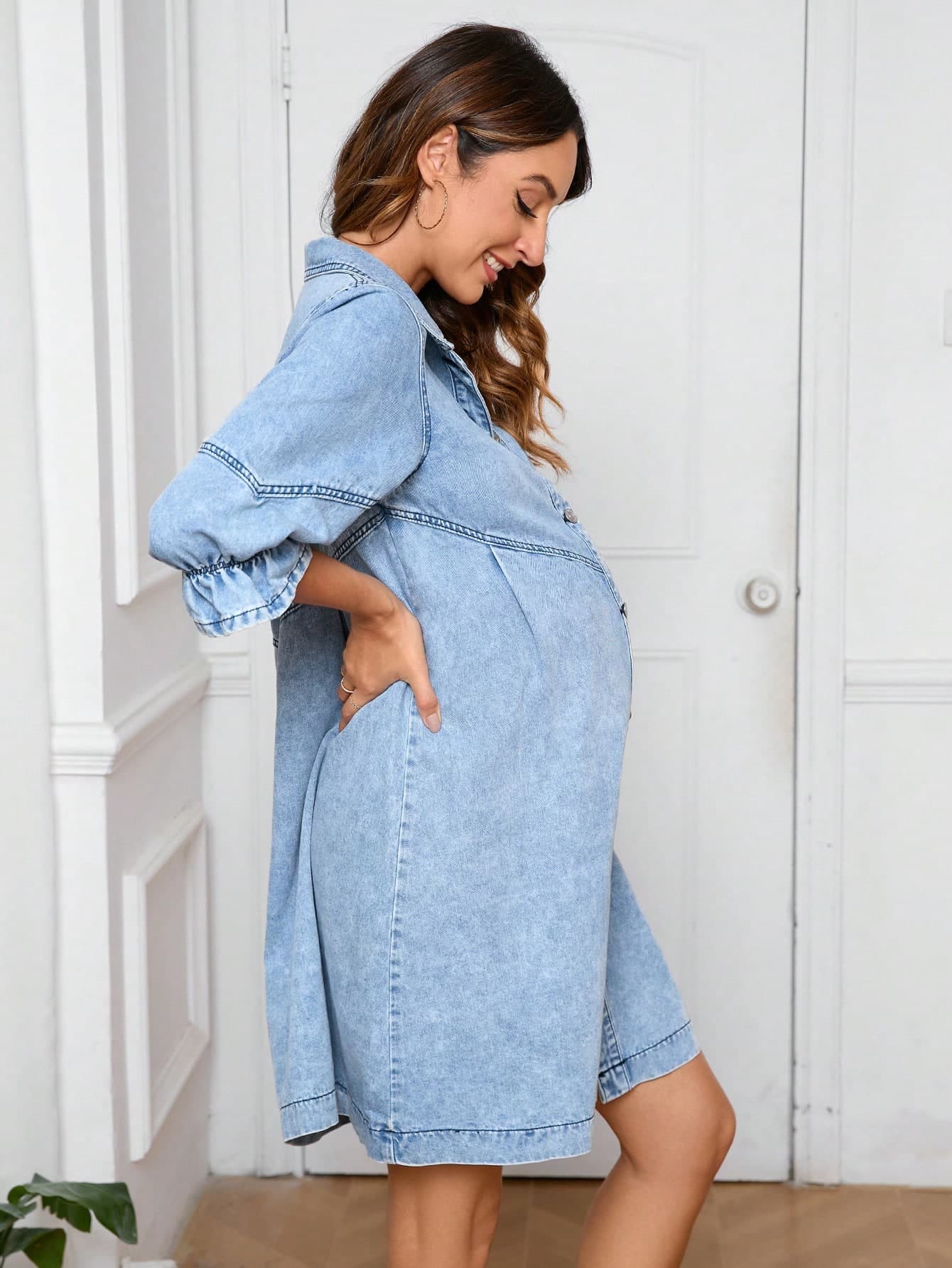 SHEIN Maternity Denim Buttoned Daily Loose Fashionable All-Match Dress Fall