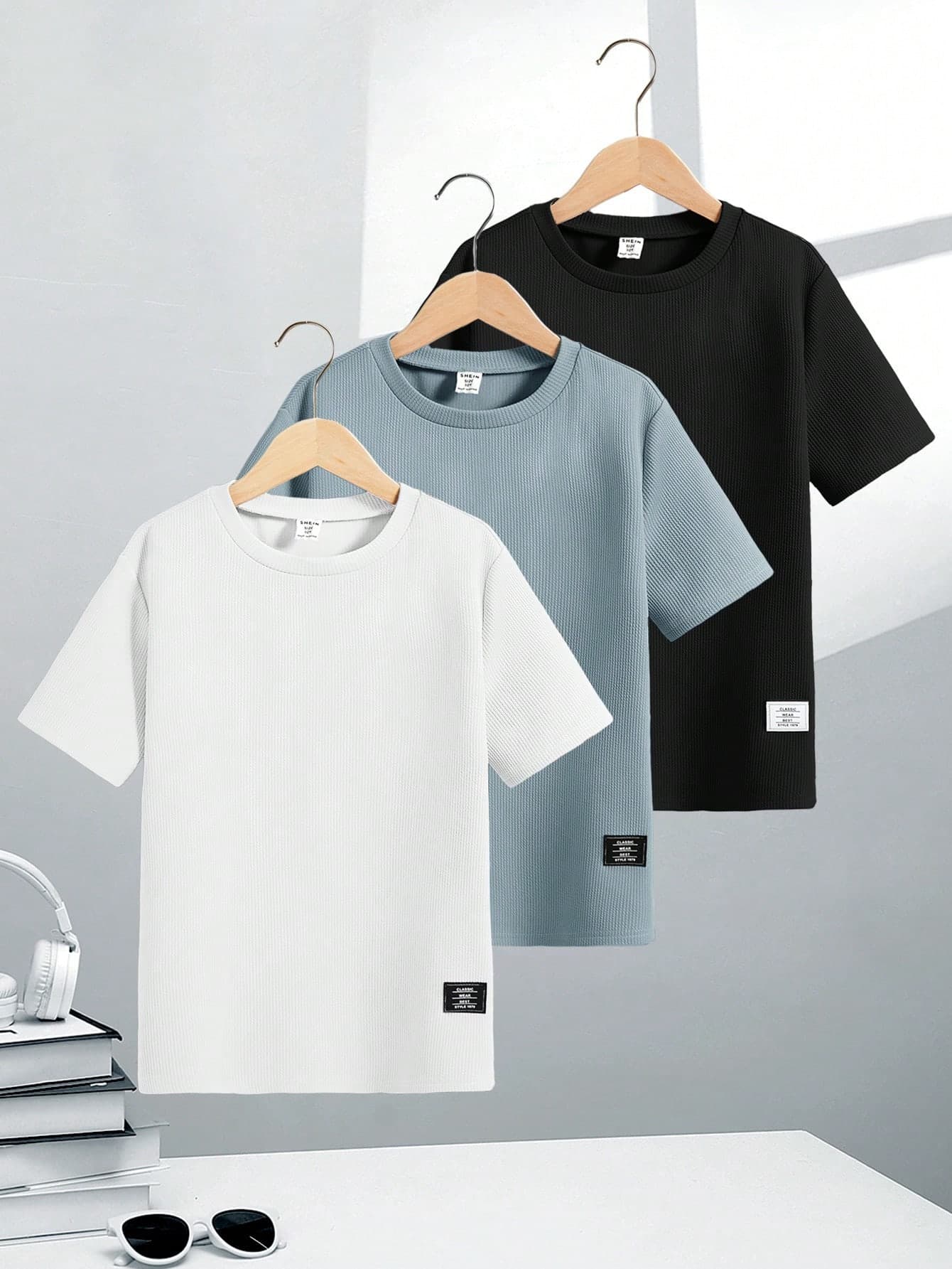 SHEIN 3pcs Teen Boys' All-Match Solid Color Textured Round Neck Short Sleeve Knit T-Shirt Set, Spring/Summer, Basic Top, School, Campus, College