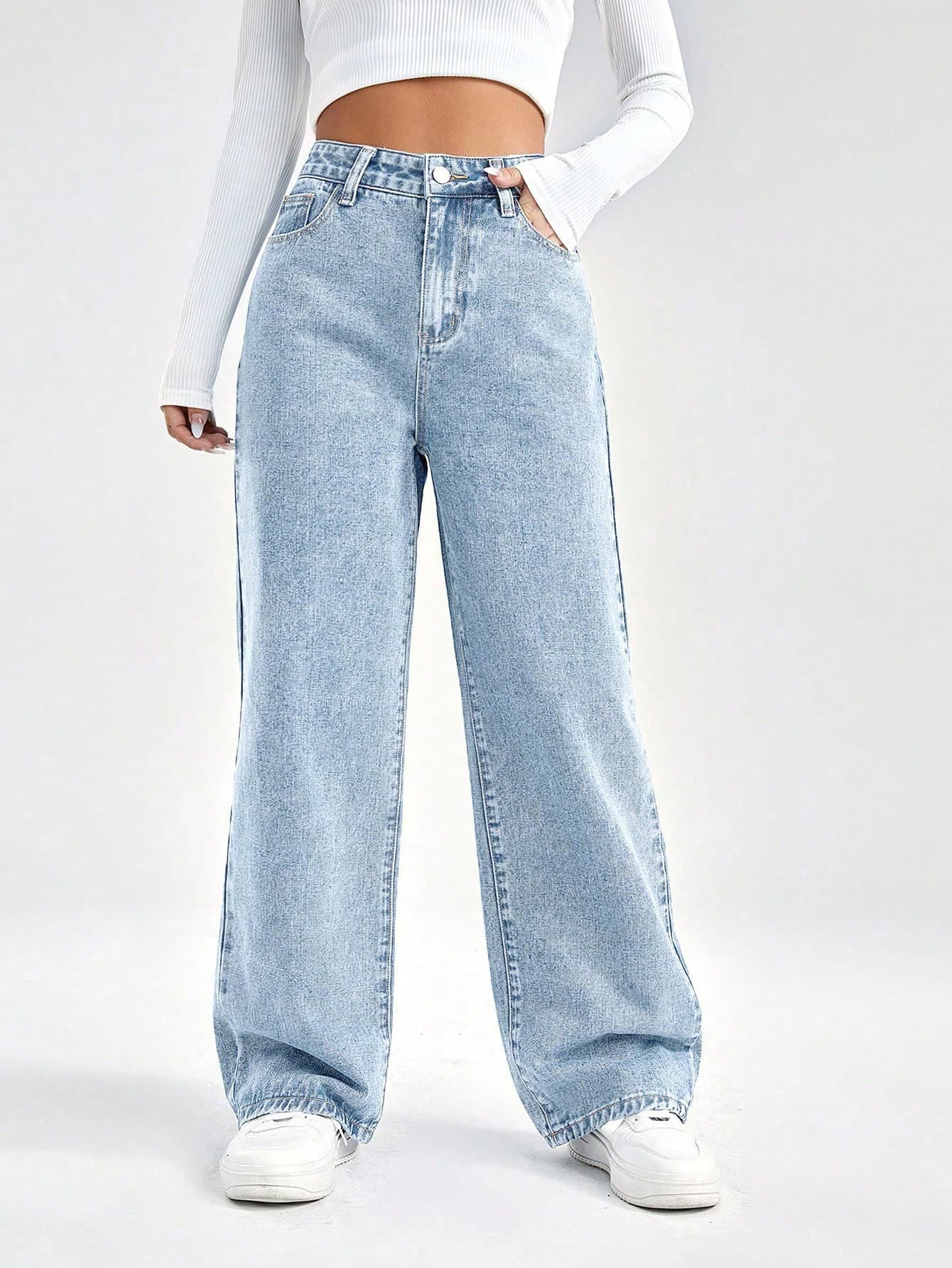 SHEIN EZwear Women's Loose Fit Straight Leg Jeans With Pockets, Casual And Versatile