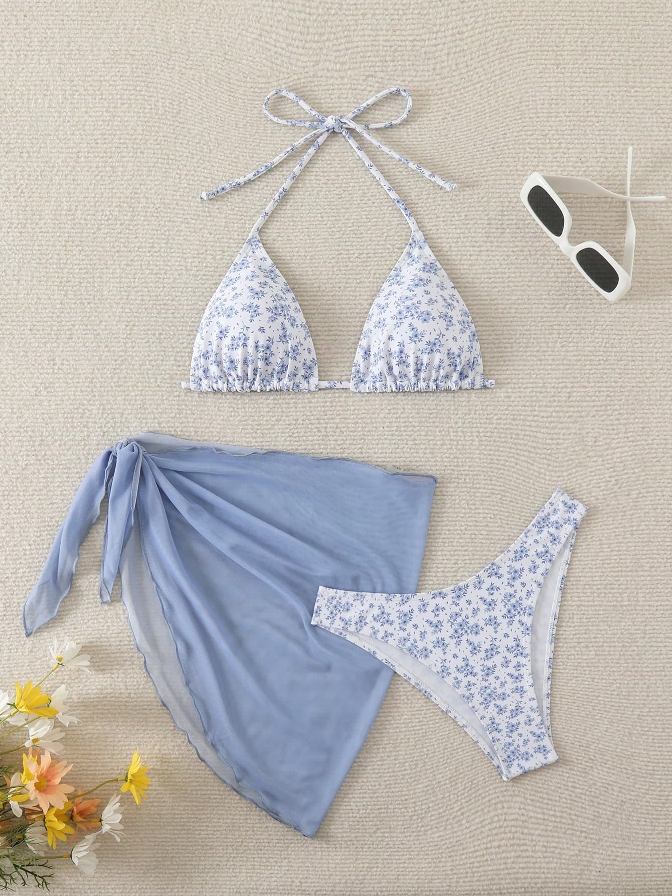 Swim Mod Women's Summer Beach Ditsy Floral Halter Neck Tie Bikini Swimwear Set With Cover-Up Skirt, 3 Pieces Bathing Suits