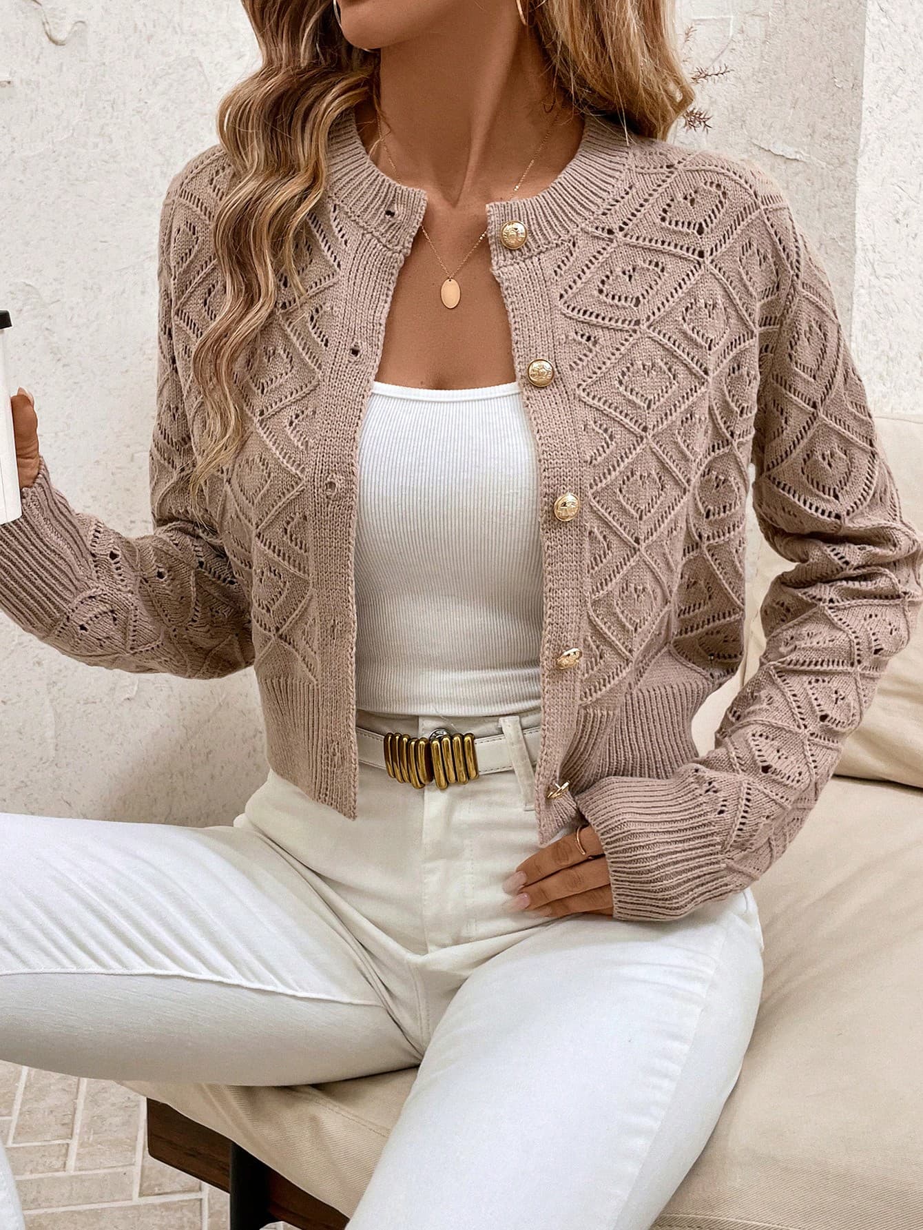 SHEIN Clasi Plus Size Elegant,,Formal Hollow Front Button Long Sleeve Cardigan For Women,Butter Yellow,Autumn Vintage Old Money Style Casual Versatile Fall