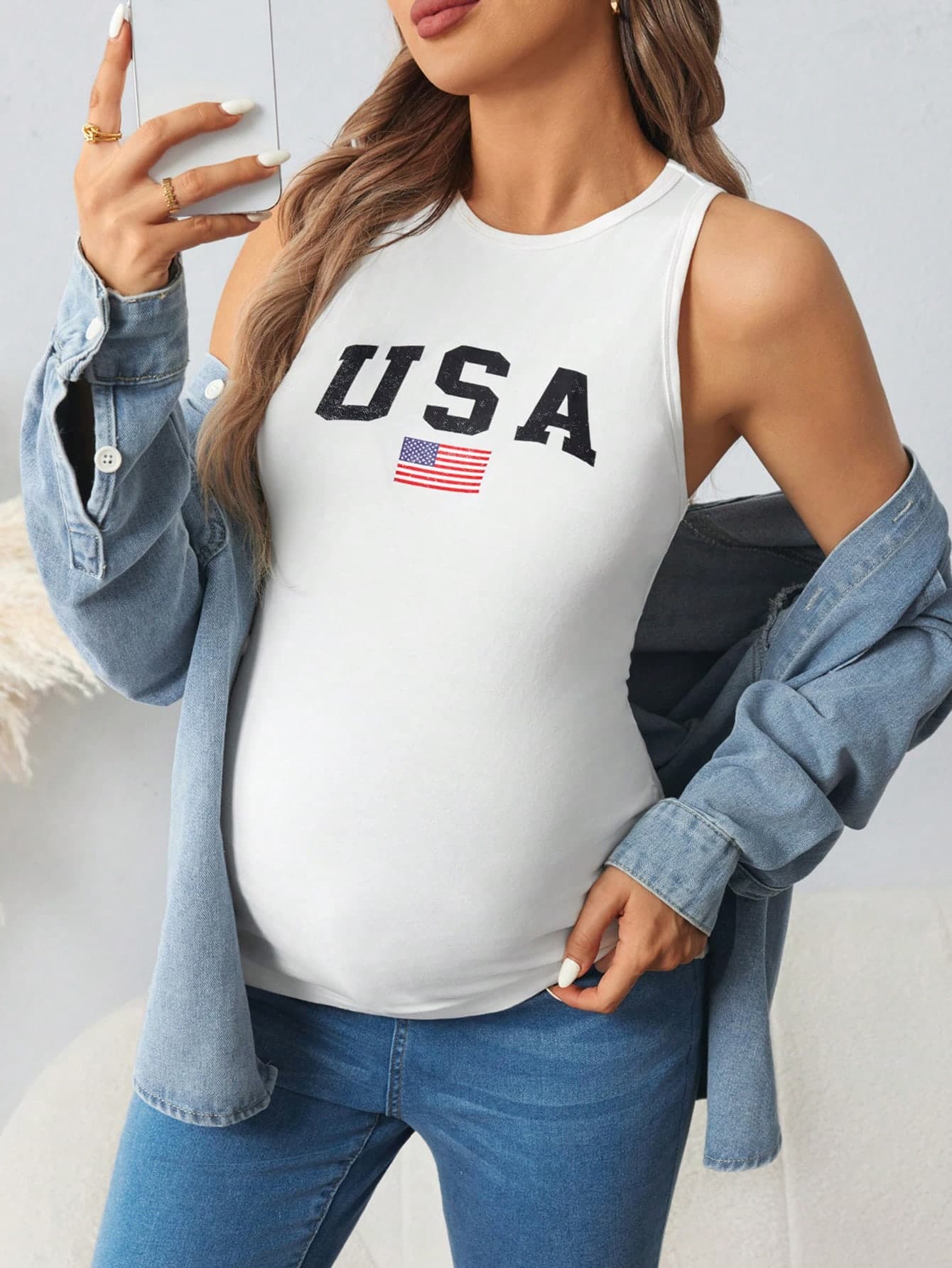 SHEIN Maternity Casual/Work Commute White Slim-Fit American Tank Top, Sleeveless Cami Top For Summer