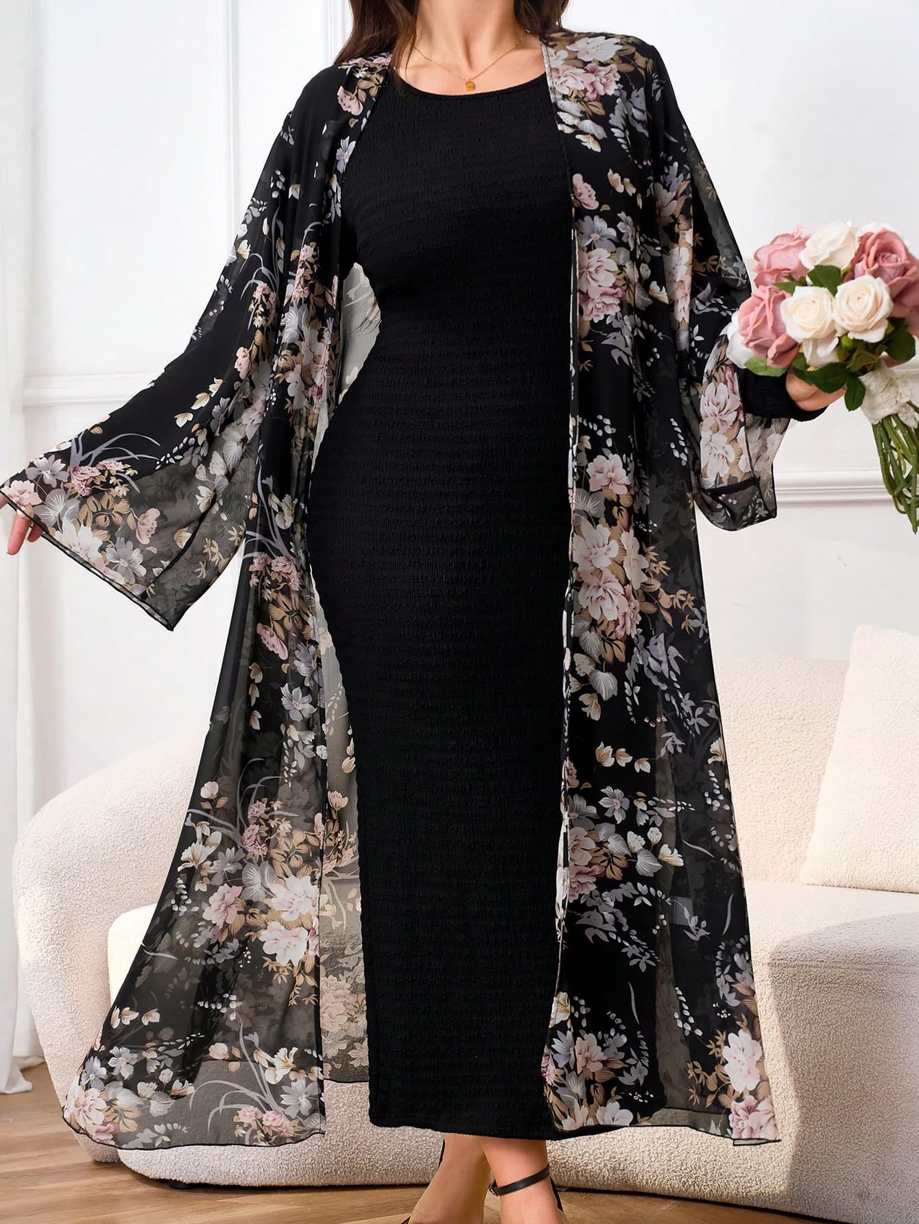 Modelyn Plus Size Solid Color Round Neck Long Sleeve Jumpsuit And Mesh Floral Allover Print Coat 2pcs/Set 2 Pieces Set Fall Cloth For Women