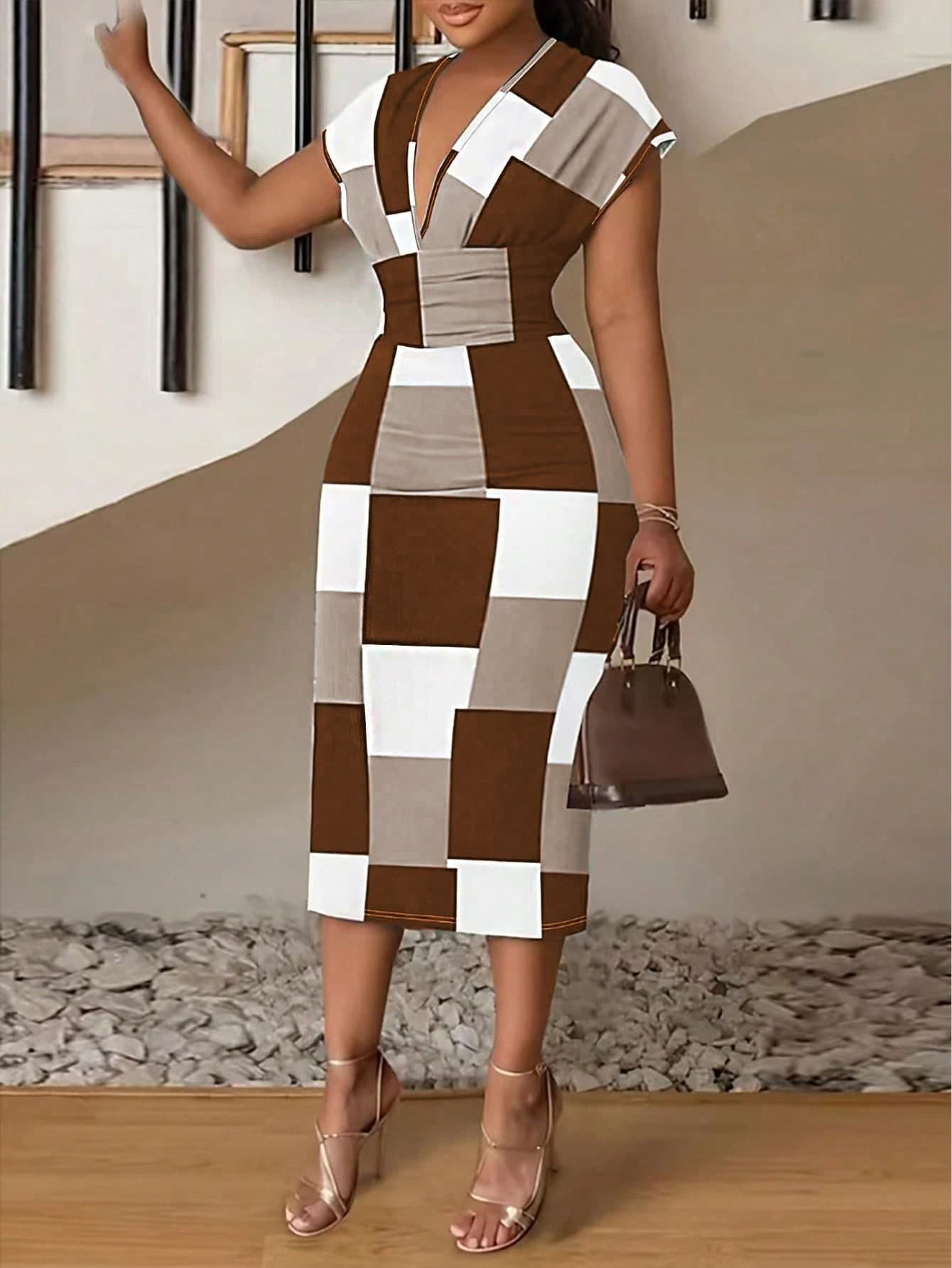 EMERY ROSE Deep V Neck Colorblock Bodycon Dress Maxi Women Outfit