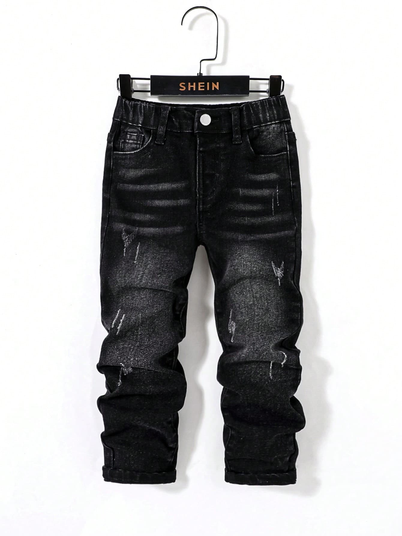 SHEIN Young Boy Black Comfortable And Refreshing Dark Wash Cut Out Ripped Frayed Design Elasticity Denim Skinny Pants For Dailywear And Back To School Clothes