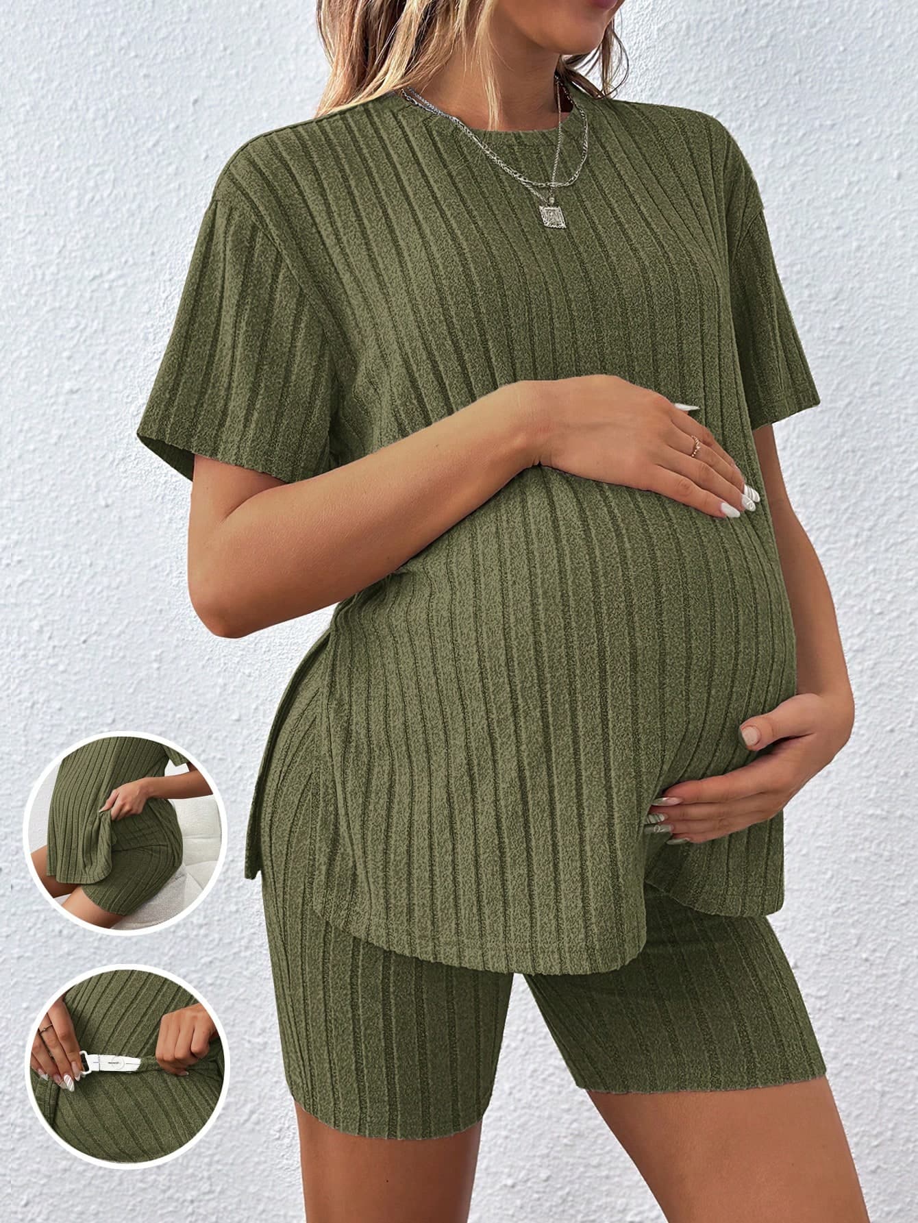 SHEIN Women's Casual Loose Fit Round Neck T-Shirt With Adjustable Elastic Waistband Shorts Set, Maternity 2pcs World Cup