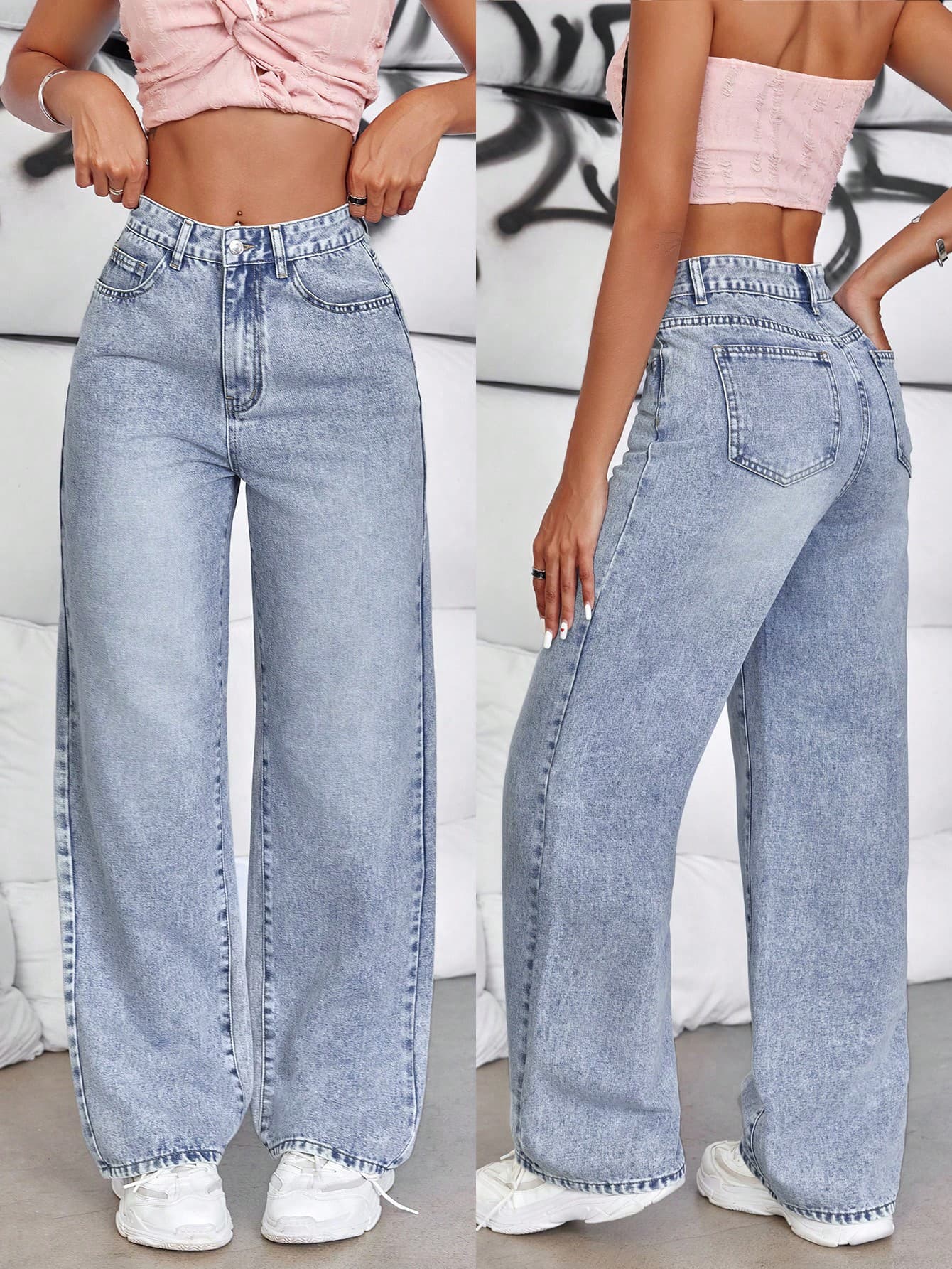 SHEIN Tall Women's Casual Straight Leg Jeans With Pockets, Washed Denim, Tall Women