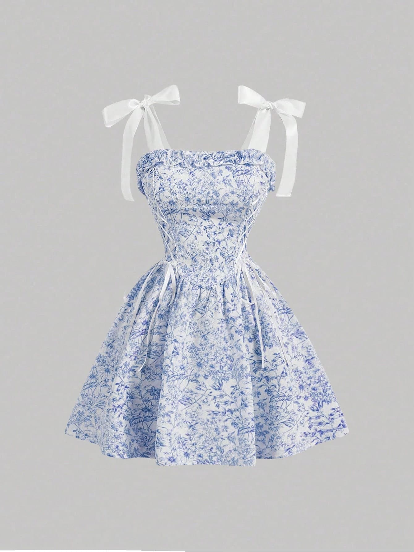 SHEIN MOD Women Pink Floral Print Belted Vintage Court Flared Skater Dress Pink Short Dress,Grad Dress,Pastel Dresses For Women