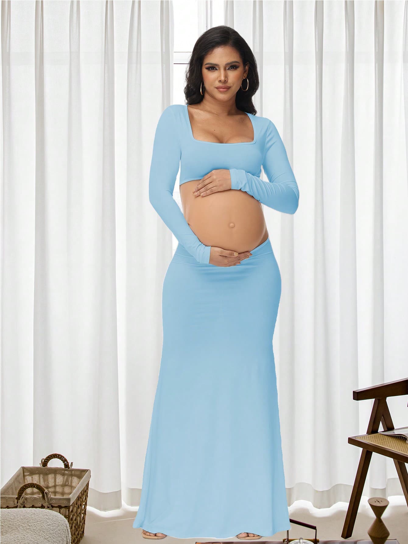Maternity Fitted Backless Dress Women Long Sleeve Hollow Square Neck Maxi Dress For Photography, Baby Shower Parties