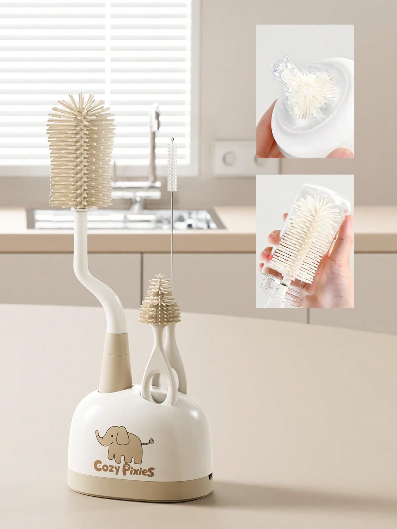 Cozy Pixies Baby Bottle Feeding Accessories Khaki Elephant Bottle Cleaning Brush Set Of 3