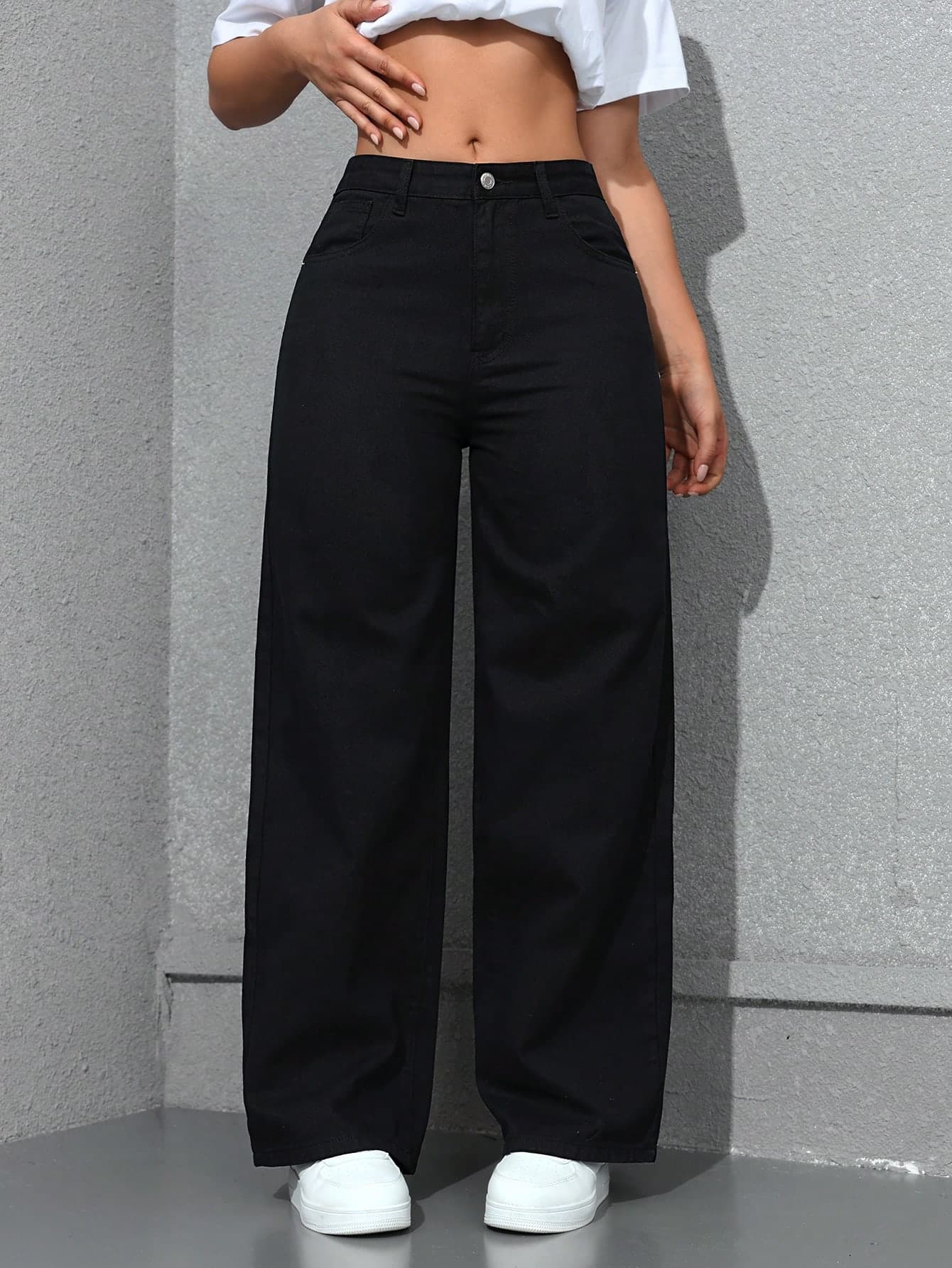 SHEIN ICON Ladies' Simple Daily Wear Black Baggy Straight Leg Jeans