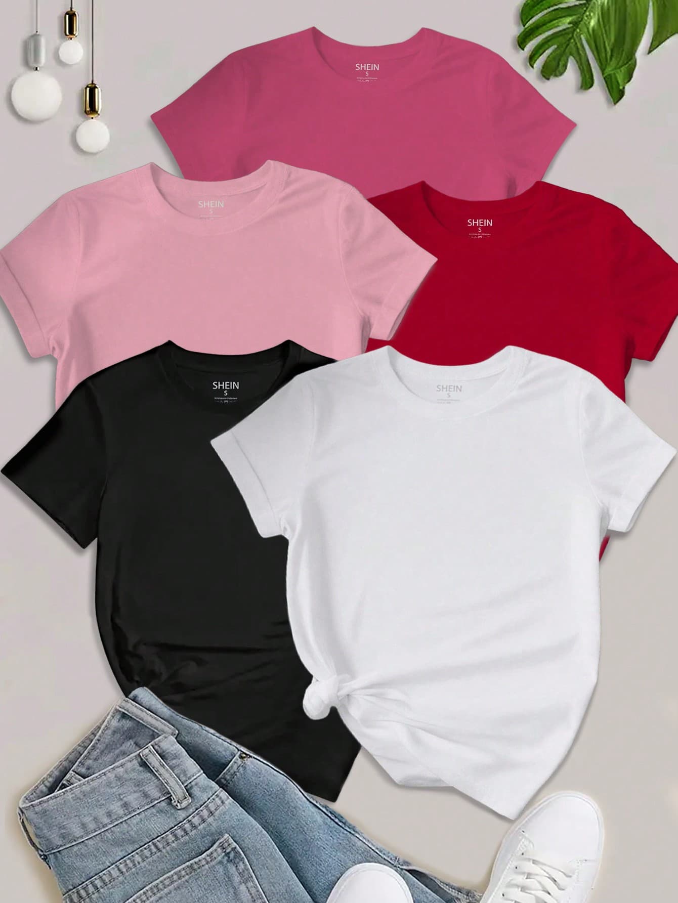 Chiquease 5PCS Women's Simple Solid Color Crew Neck Short Sleeve T-Shirts
