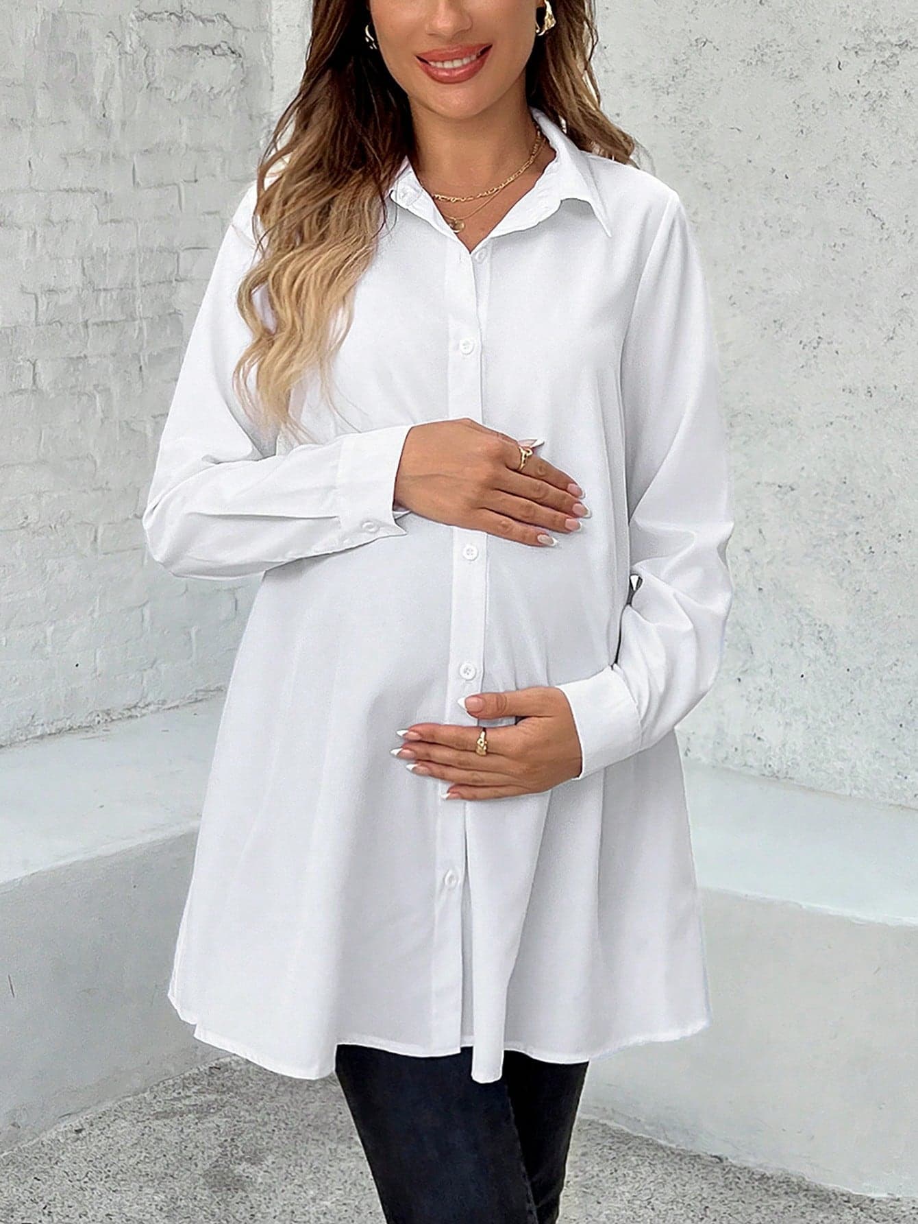 SHEIN Maternity Buttoned Clean & Simple Loose Comfortable Daily Casual Shirt, Long Sleeve Fall
