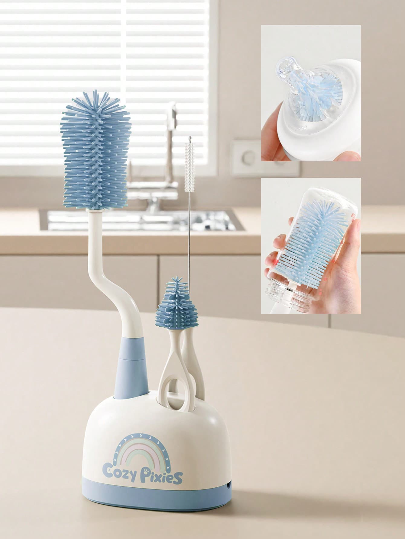 Cozy Pixies Baby Bottle Feeding Accessory, 3pcs Blue Rainbow Bottle Cleaning Brush Set