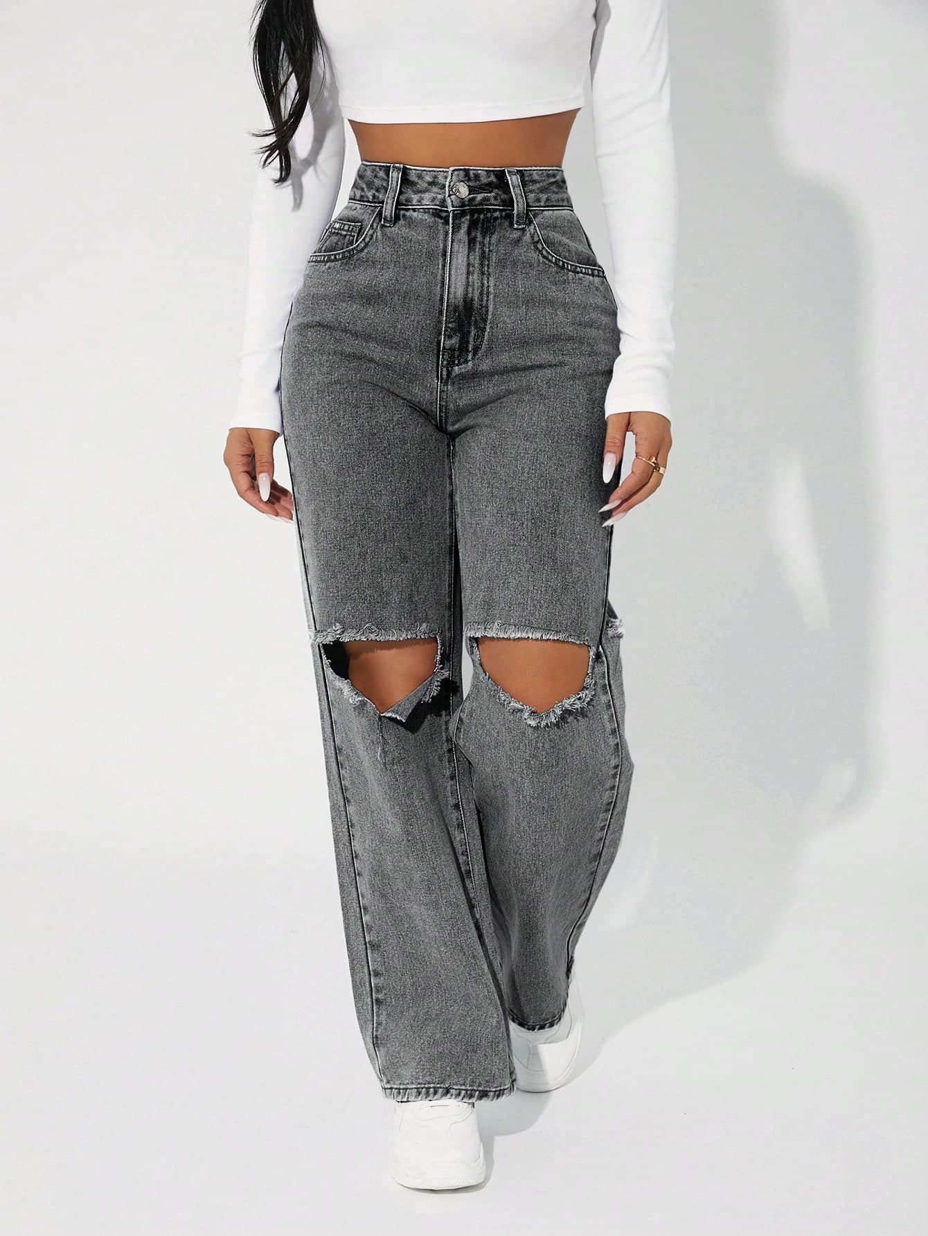 SHEIN PETITE Solid Distressed Casual Jeans With Pockets ,Petite Women