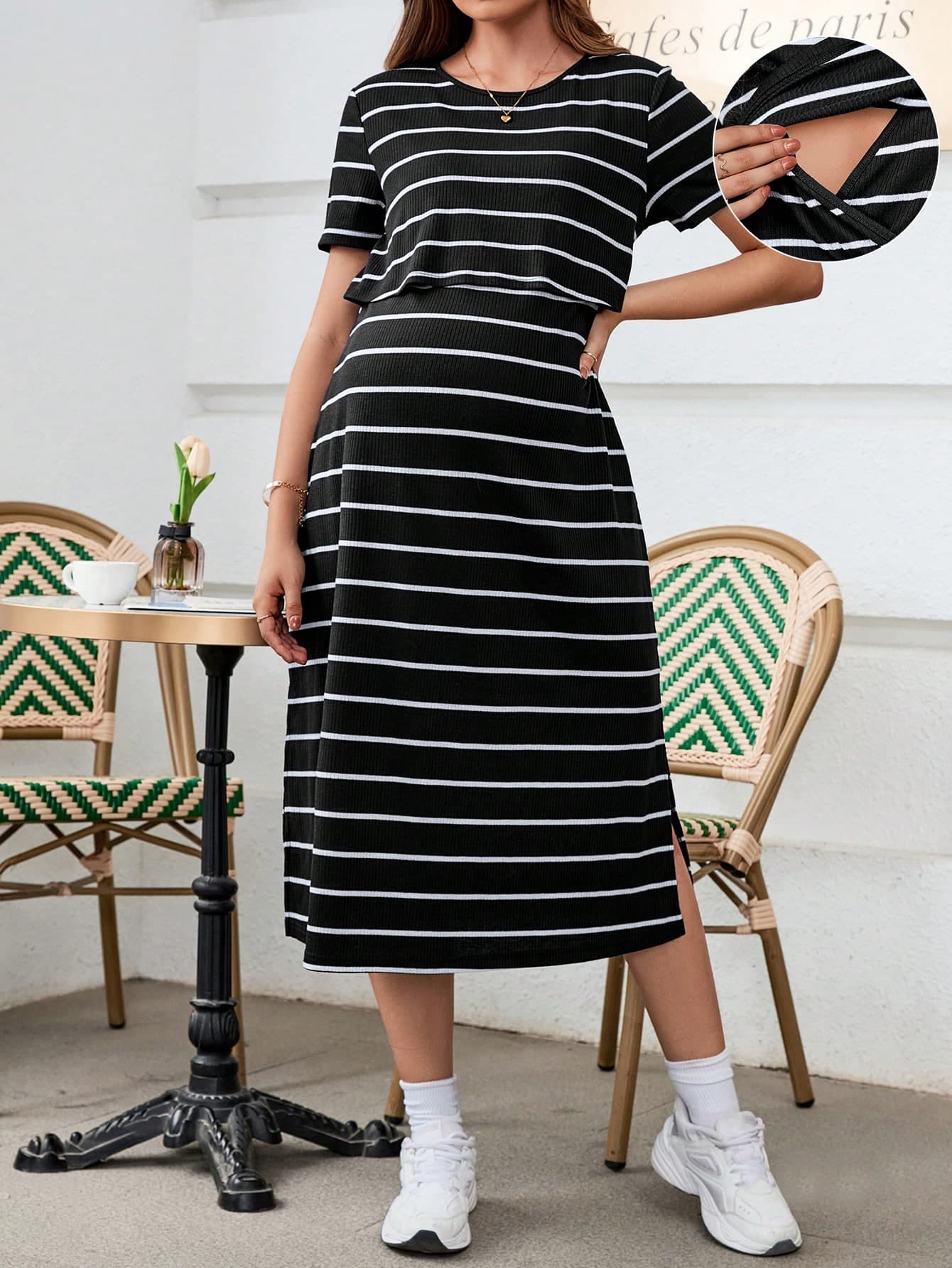 SHEIN Maternity Striped Round Neck Short Sleeve Casual Breastfeeding Nursing Dress, Summer World Cup
