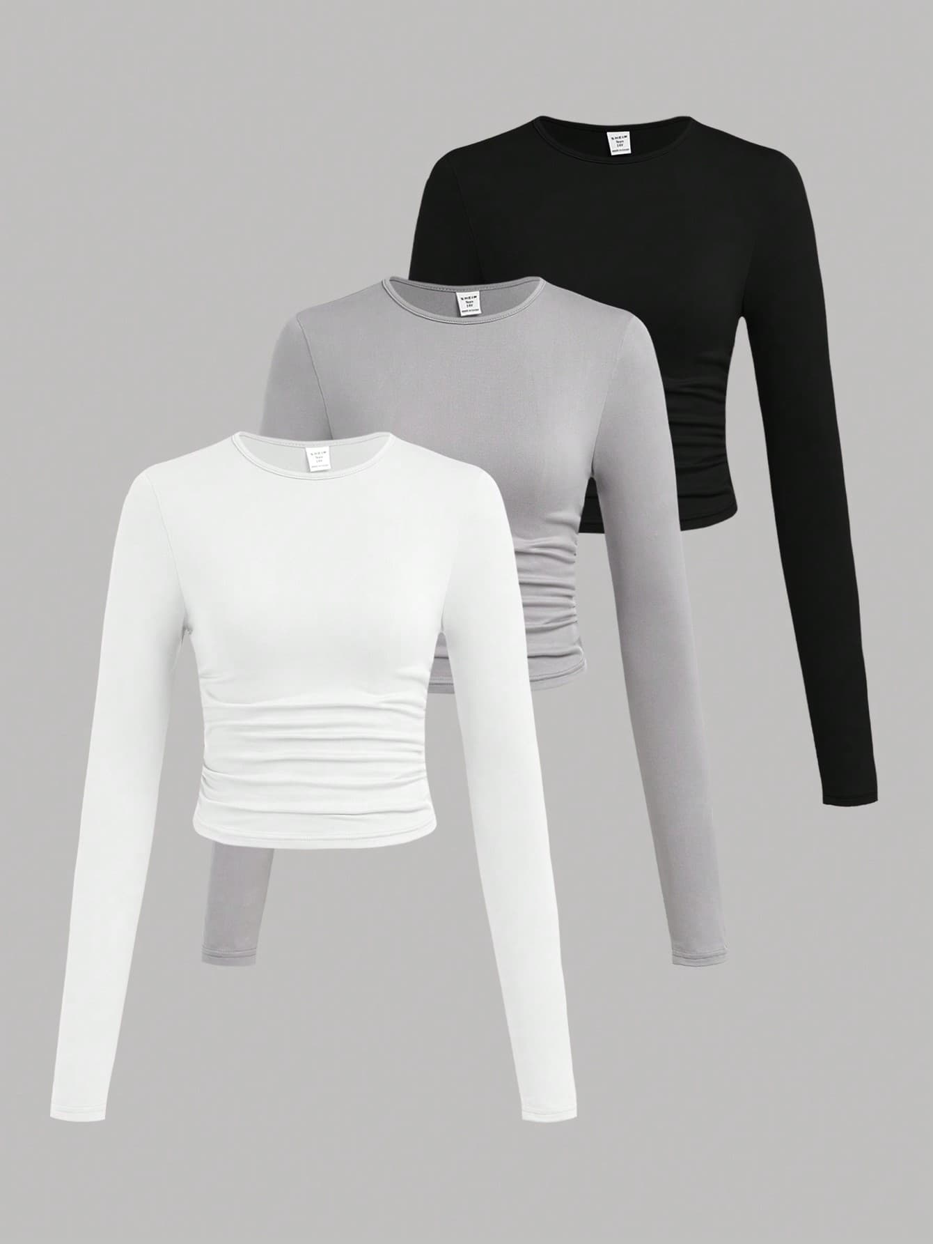 SHEIN Girlism Teen Girl Knit Solid Color Round Neck Ruched Long Sleeve T-Shirt 3pcs/Set