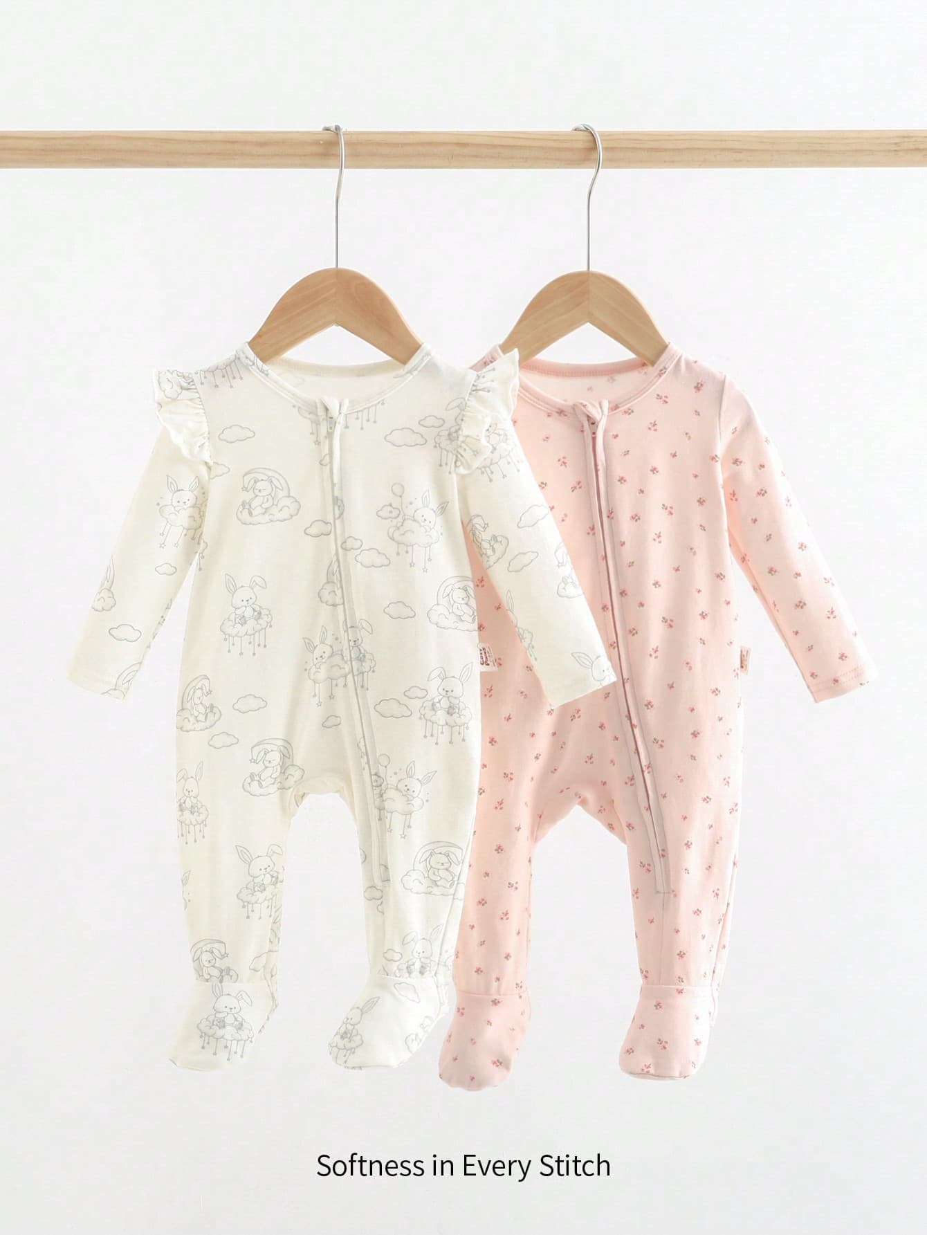 Cozy Pixies Newborn Baby Girl, 2pcs Cute Knitted Soft Round Neck Long Sleeve Footed Romper Set With Floral & Cloud Sheep Patterns