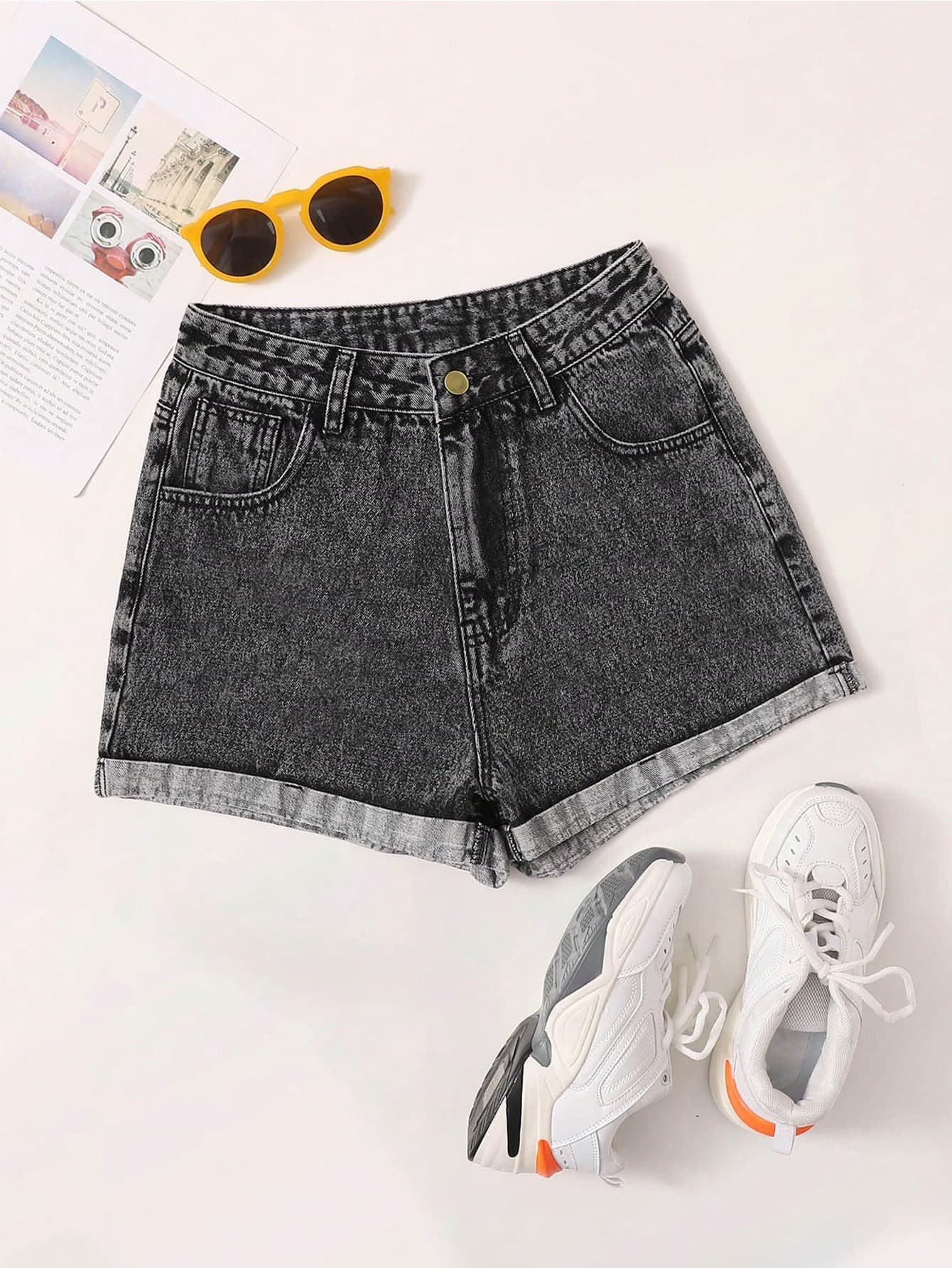 GlowEve Gray Wash Roll Up Hem Denim Shorts