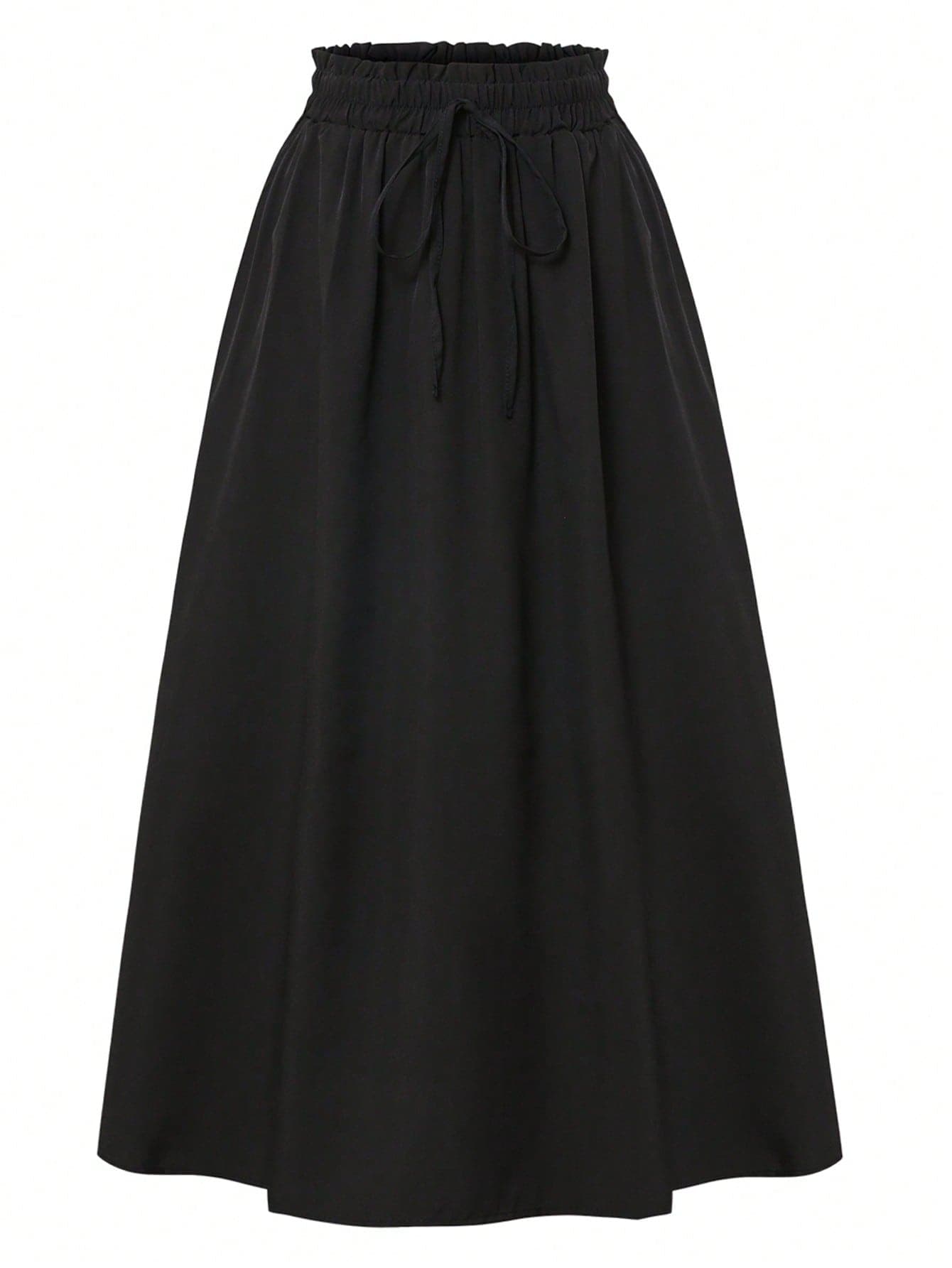 Women Elastic Waist Ruffle Edge Double Pocket A-Line Skirt Black Summer