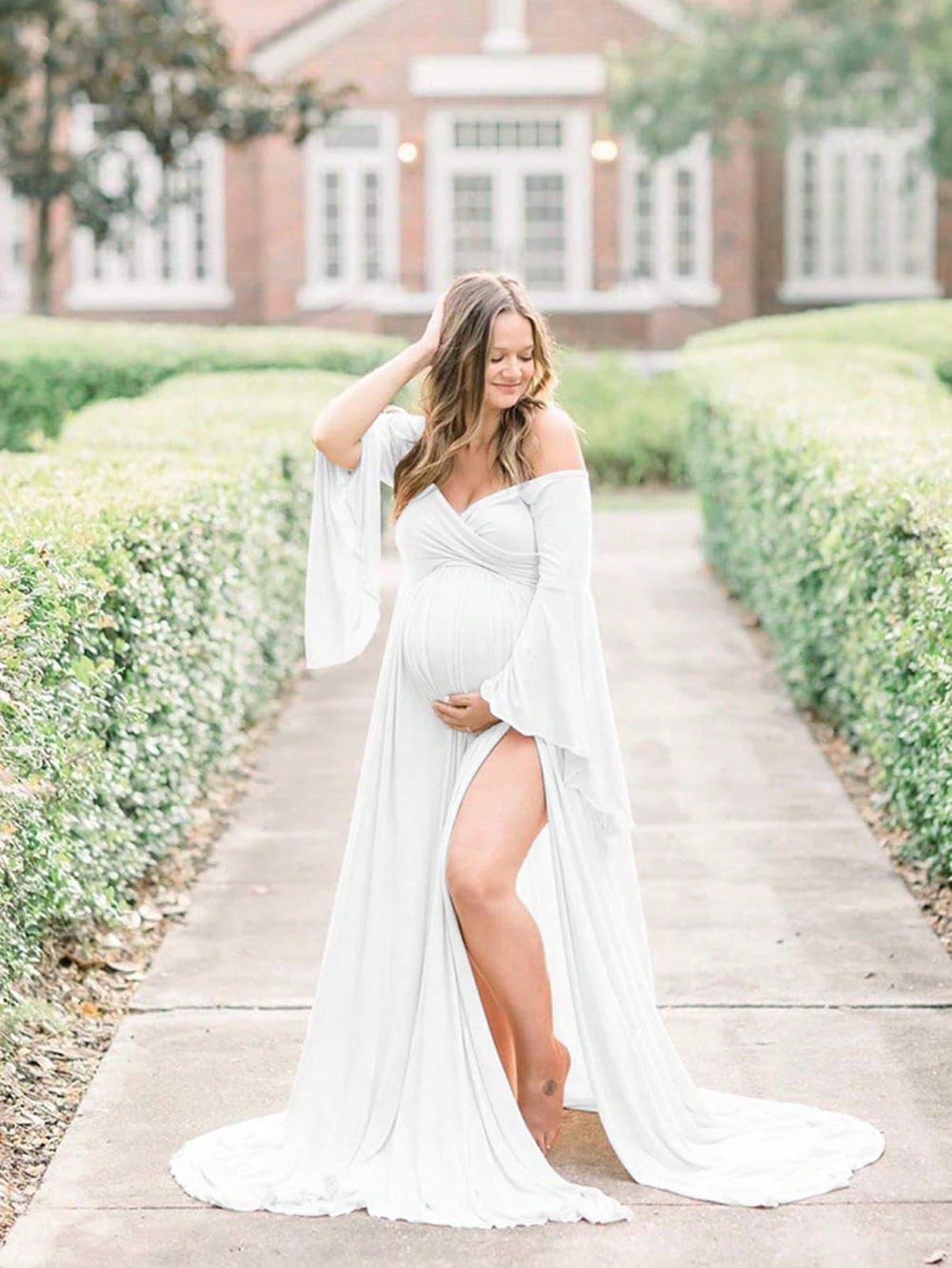 Maternity V-Neck Open Shoulder Long Sleeve Dress, Suitable For Photography, Baby Shower, And Other Occasions White Spring