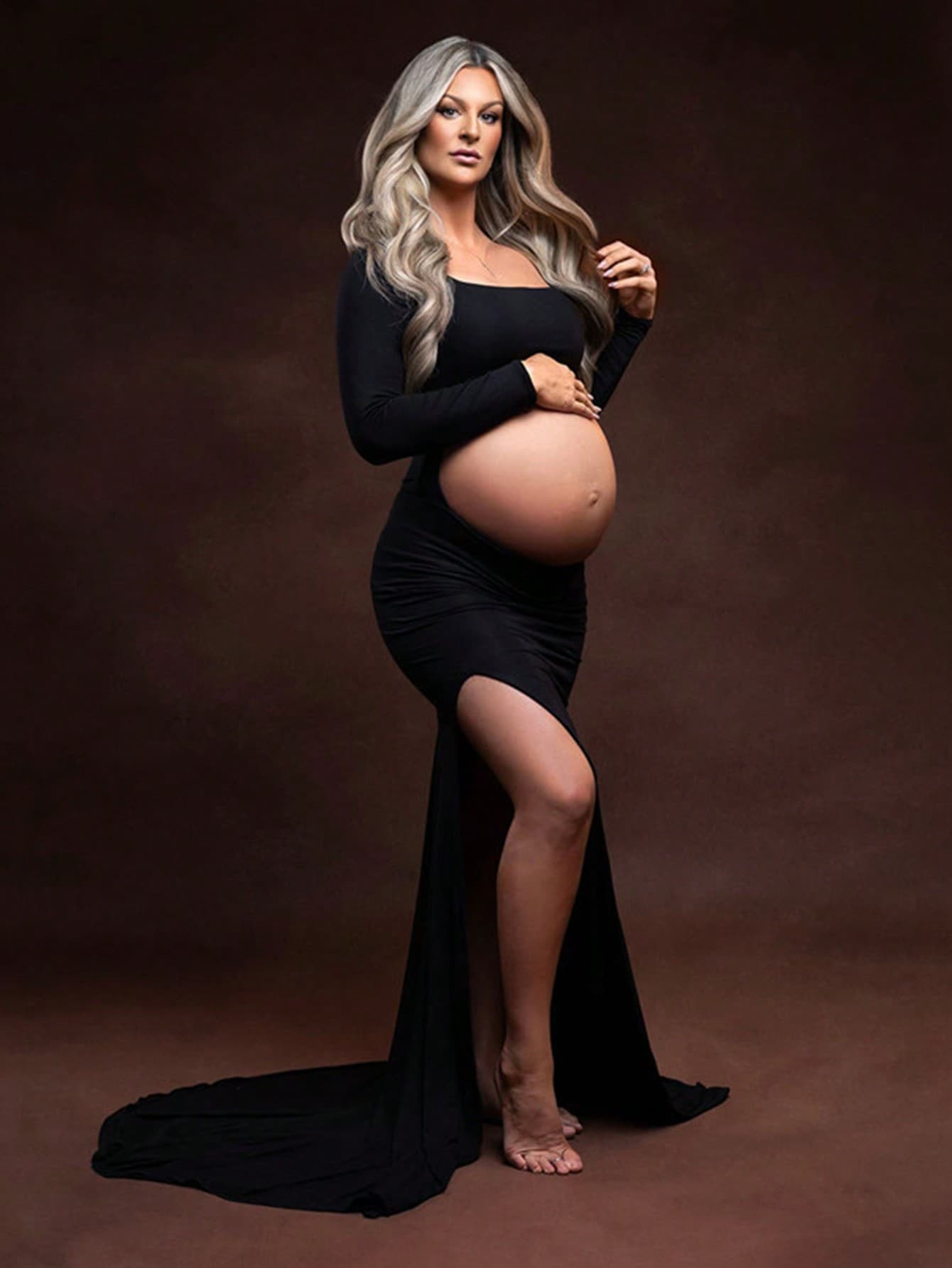 Maternity Long Sleeve Dress, Backless Side Slit Design, Suitable For Baby Photoshoot, Baby Shower Party And Other Occasions Black