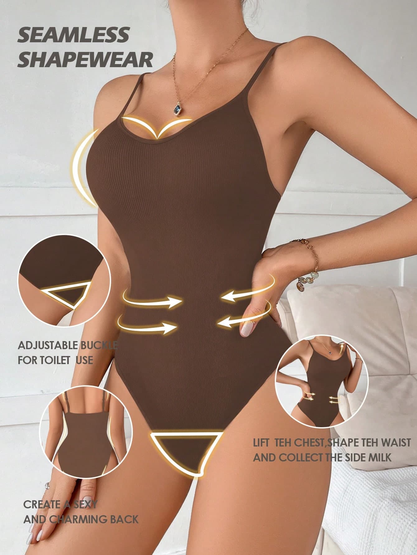 SHEIN Women's Seamless Coffee Brown Rib-Knit Backless Body Slimming Shapewear Bodysuit