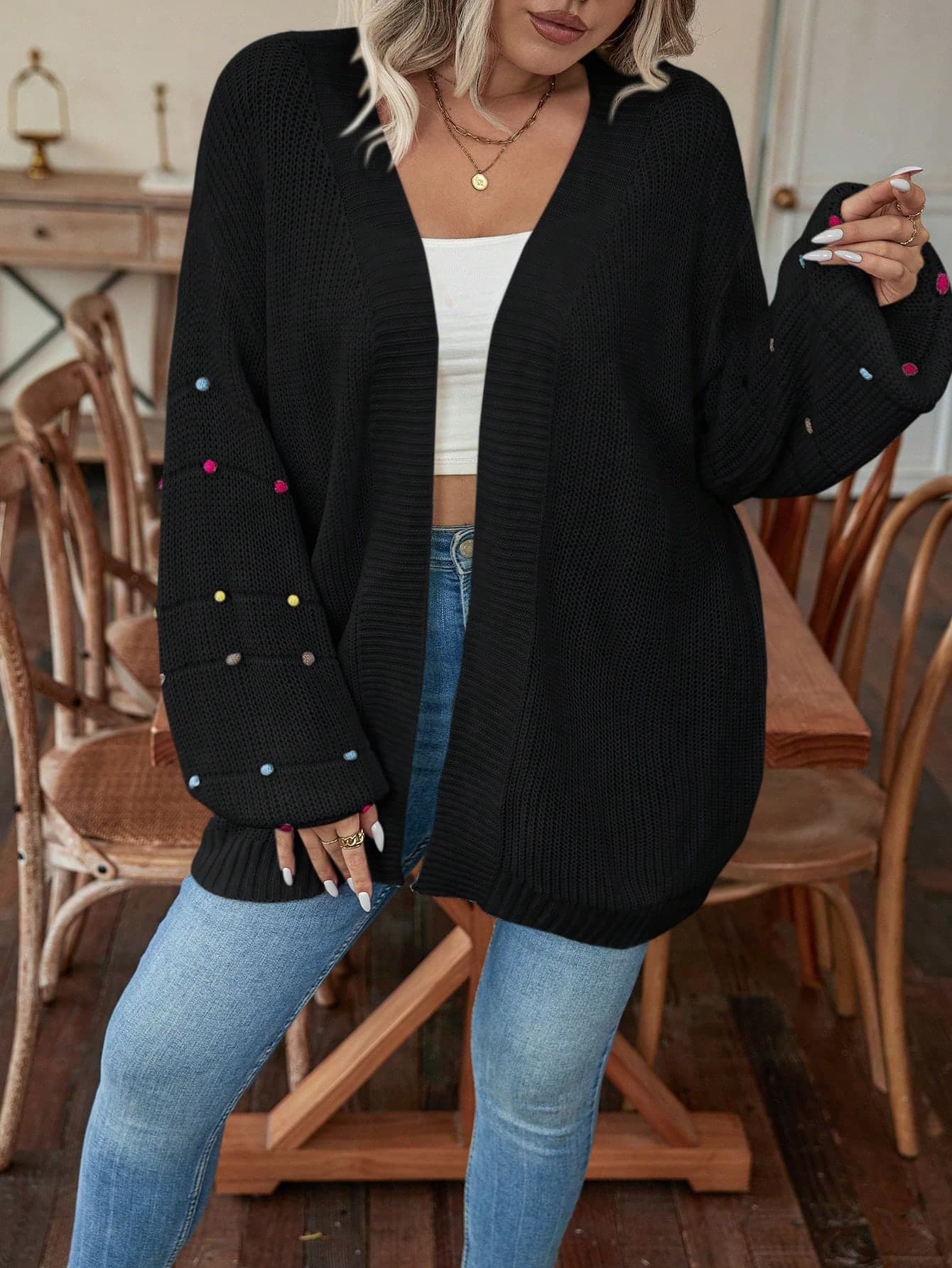 EMERY ROSE Plus Size Women's Colorful Fuzzy Ball Dropped Shoulder Long Sleeve Open Front Loose Casual Cardigan, Winter Fall Cloth For Women Autumn